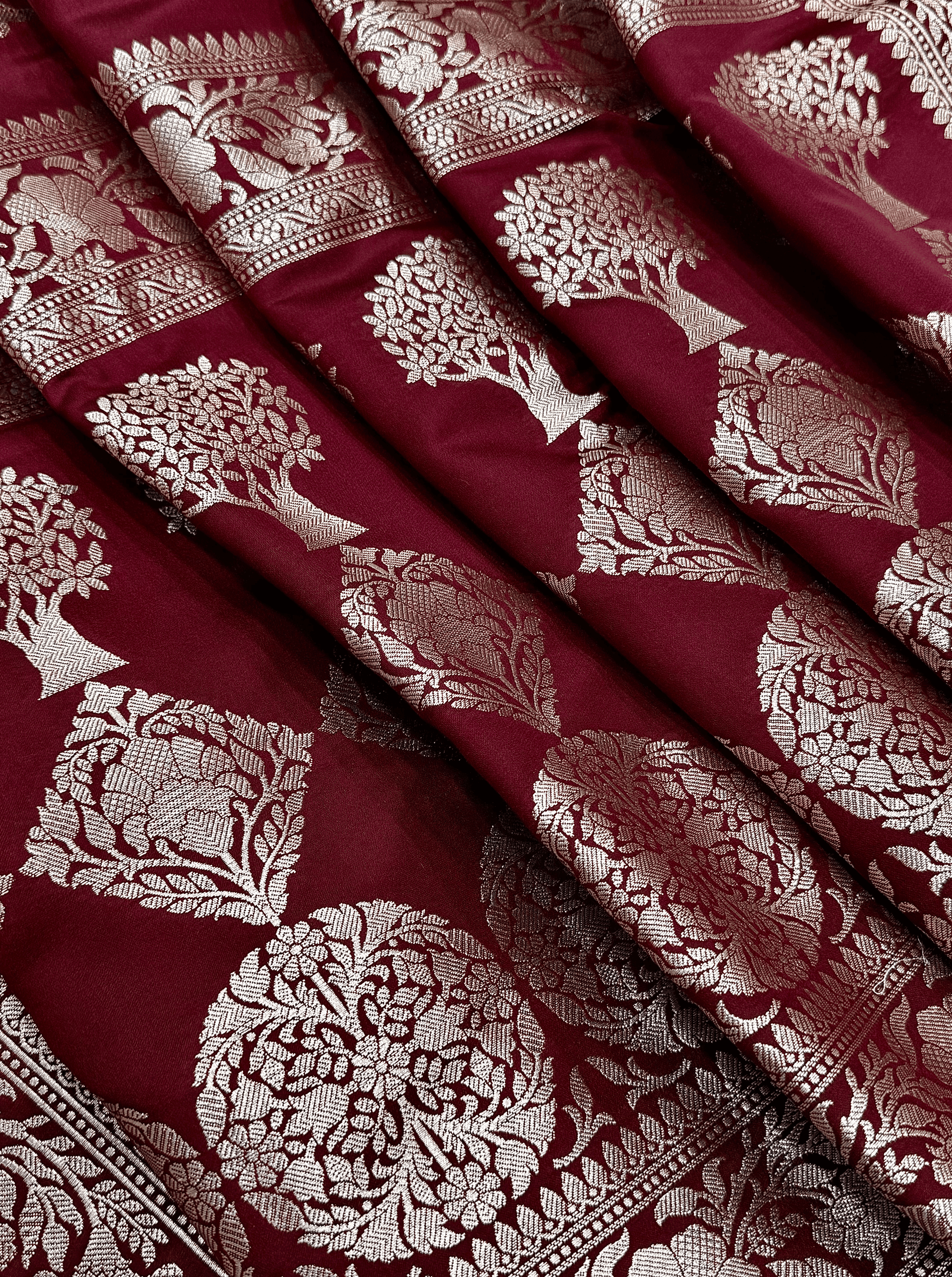Wine Maroon Handloom Mushroo Satin Silk Saree