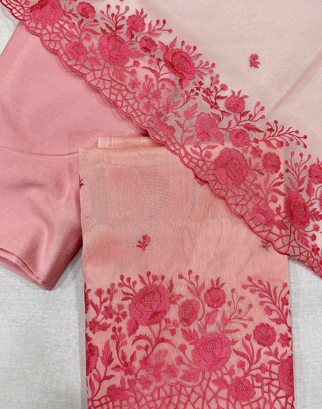 Blush Pink Organza Unstitched Suit with Dual Tone Floral Embroidery