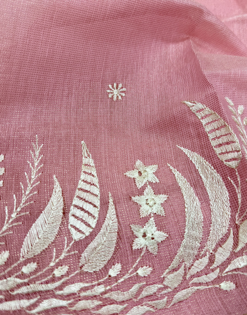 Baby Pink Linen Tissue Unstitched Suit with Floral Embroidery