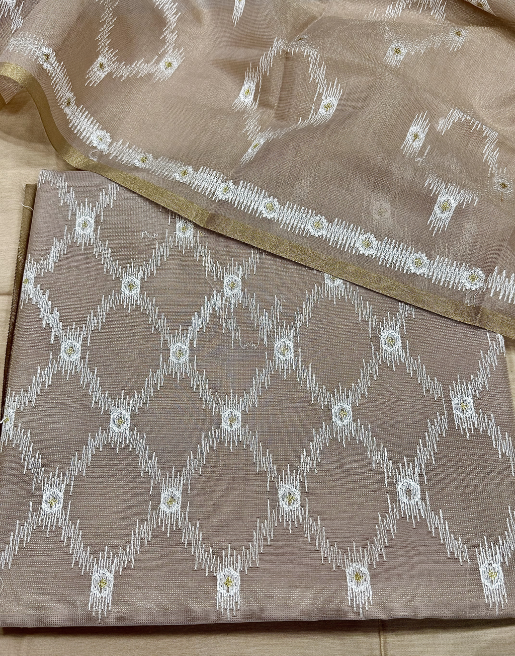 Beige Linen Tissue Unstitched Suit with Ikat-Inspired Embroidery