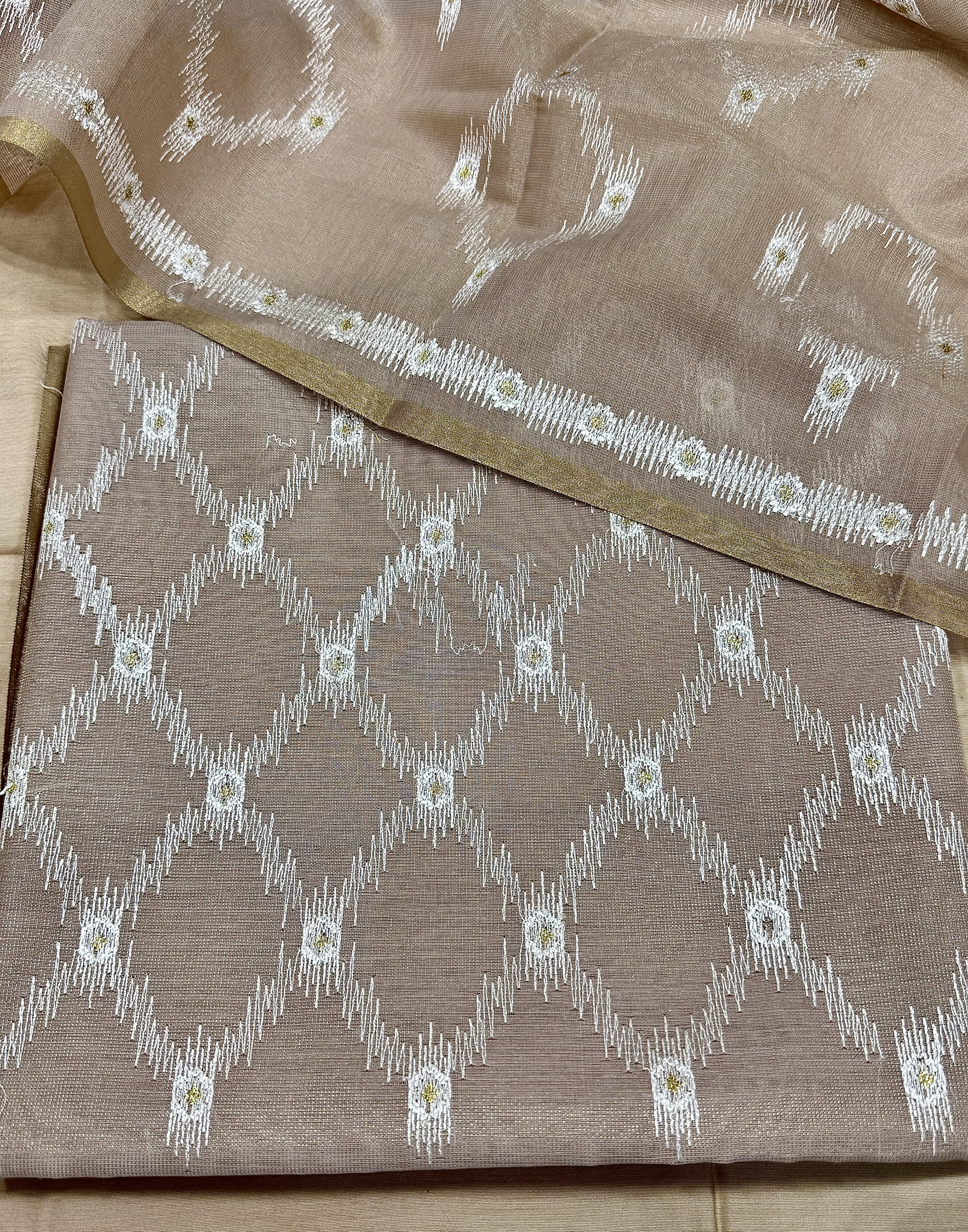 Beige Linen Tissue Unstitched Suit with Ikat-Inspired Embroidery