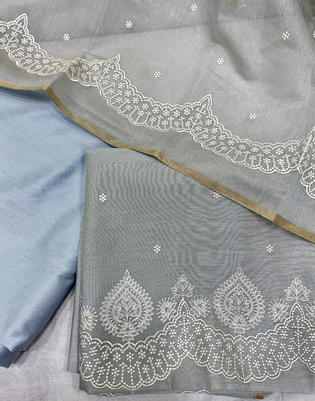 Dual Tone Blue Linen Tissue Unstitched Suit with Embroidery