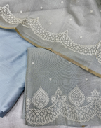 Dual Tone Blue Linen Tissue Unstitched Suit with Embroidery