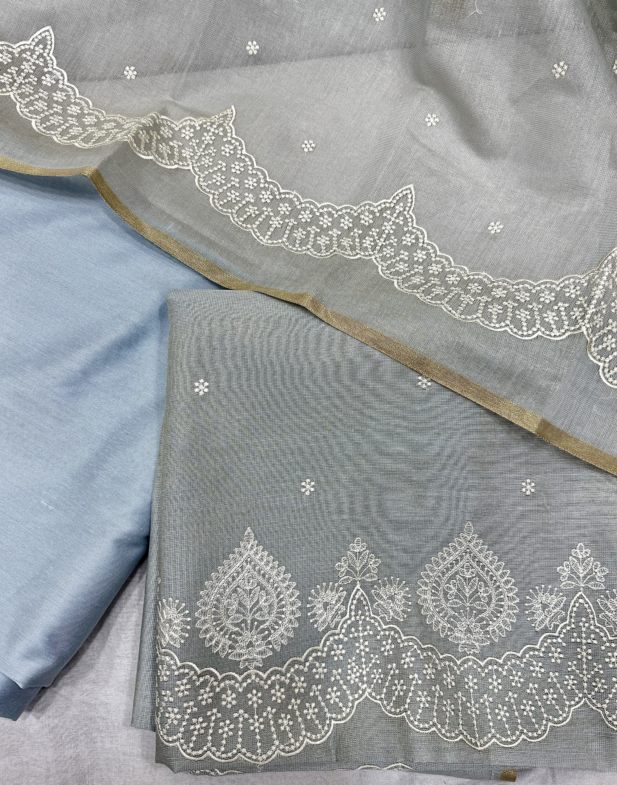 Dual Tone Blue Linen Tissue Unstitched Suit with Embroidery