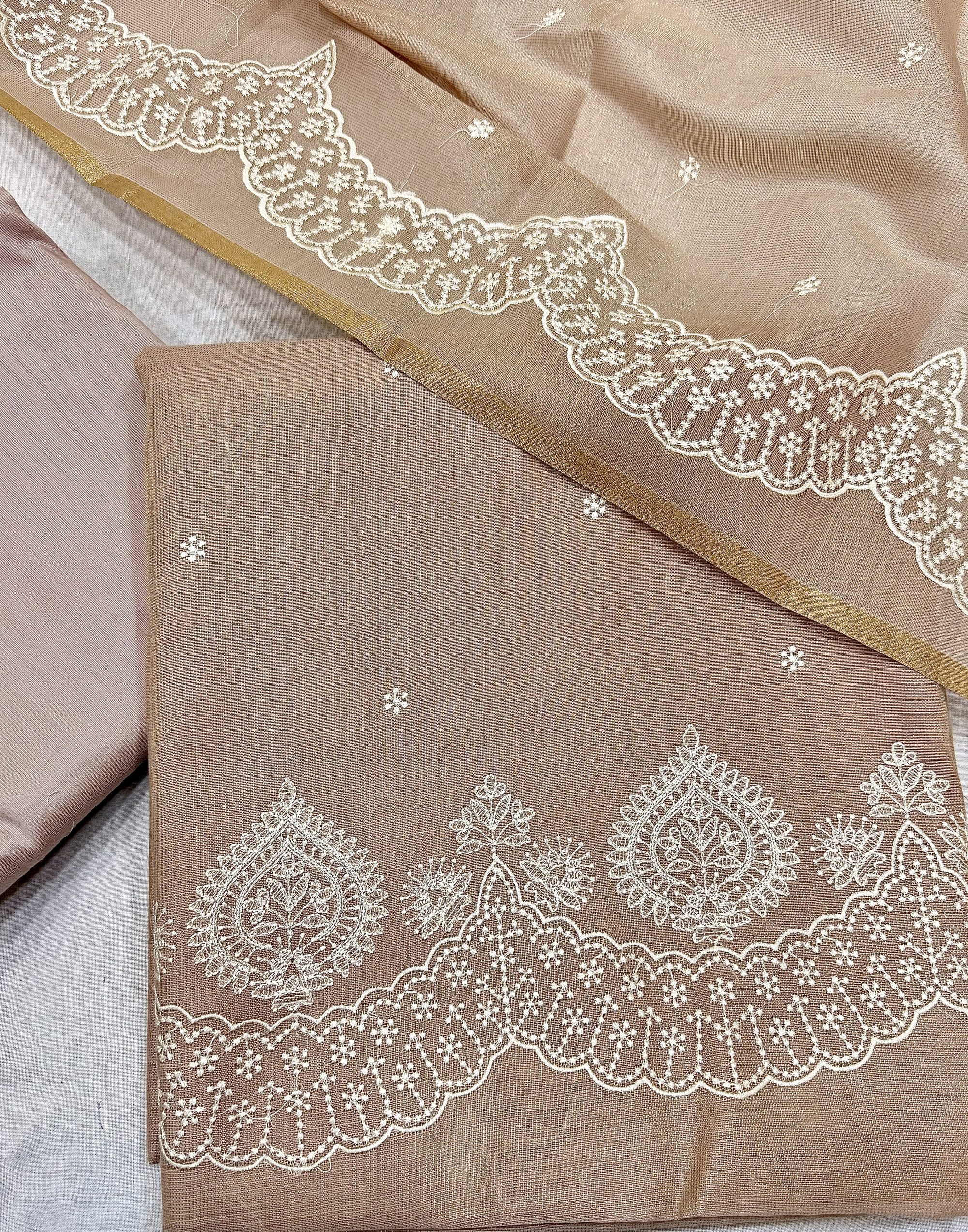 Beige Linen Tissue Unstitched Suit with Thread Embroidery