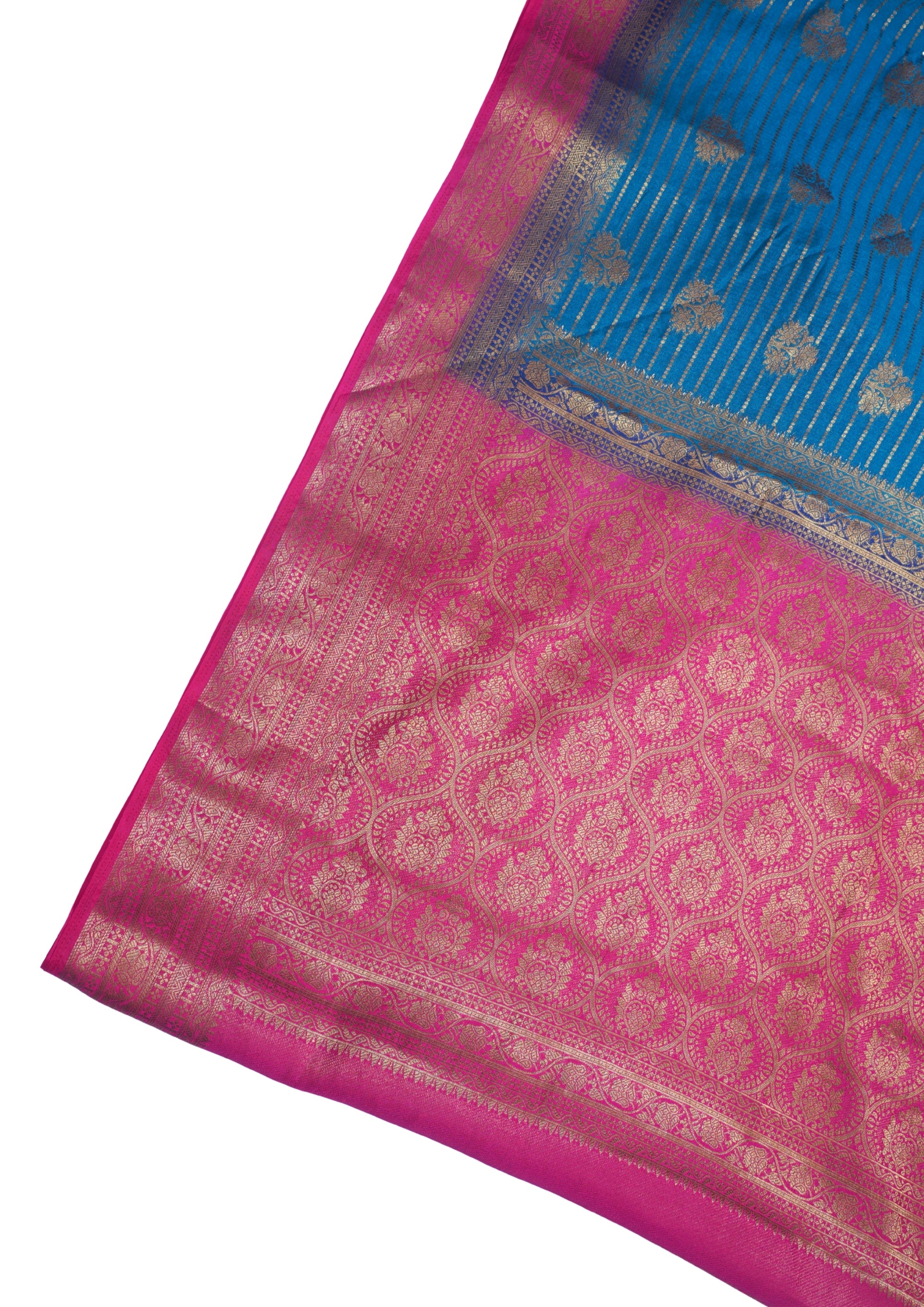 Blue Pure Chiniya Silk Saree with Pink Antique Zari Border