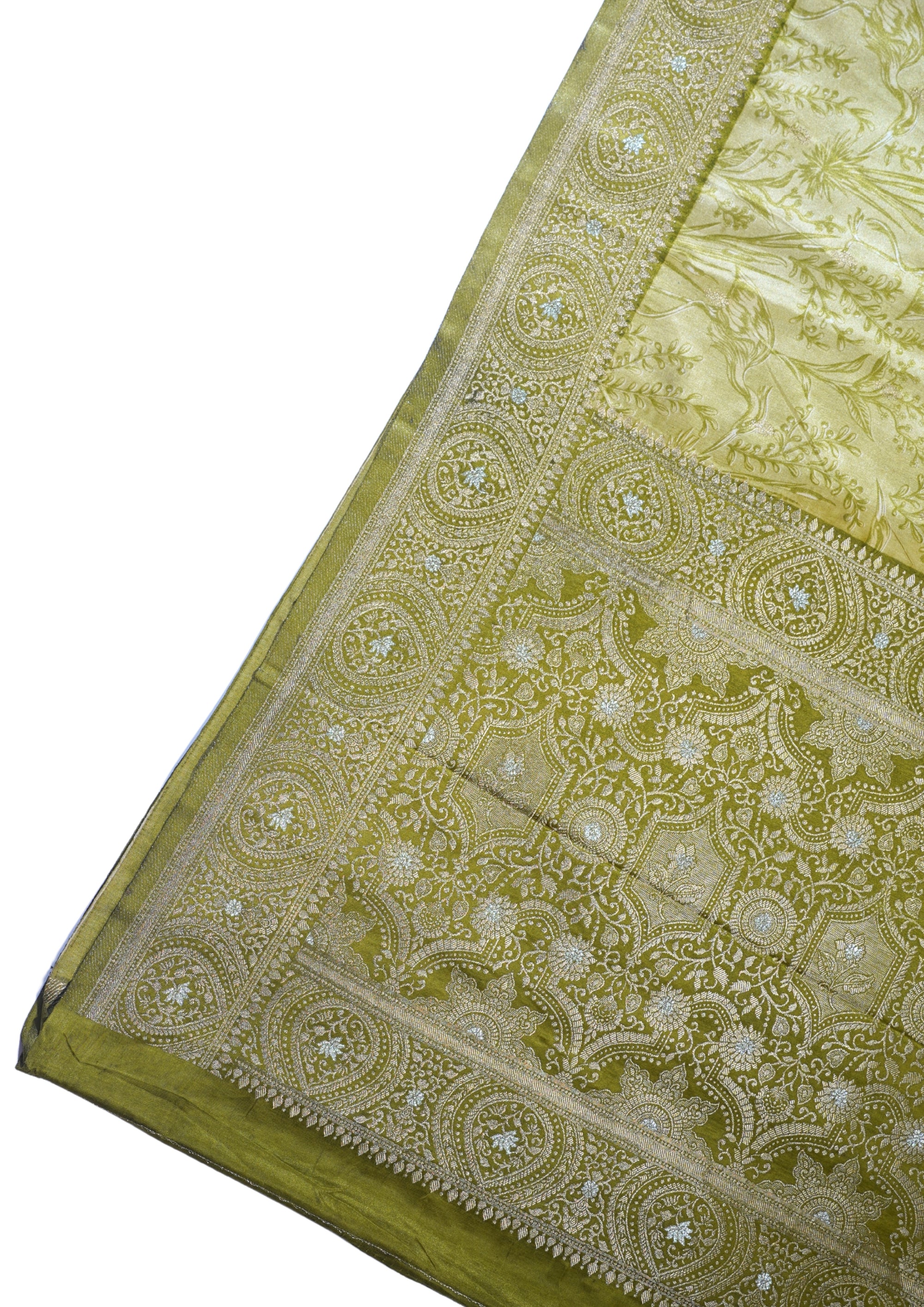 Gold Mushroo Silk Saree with Kalamkari Print & Intricate Patterns