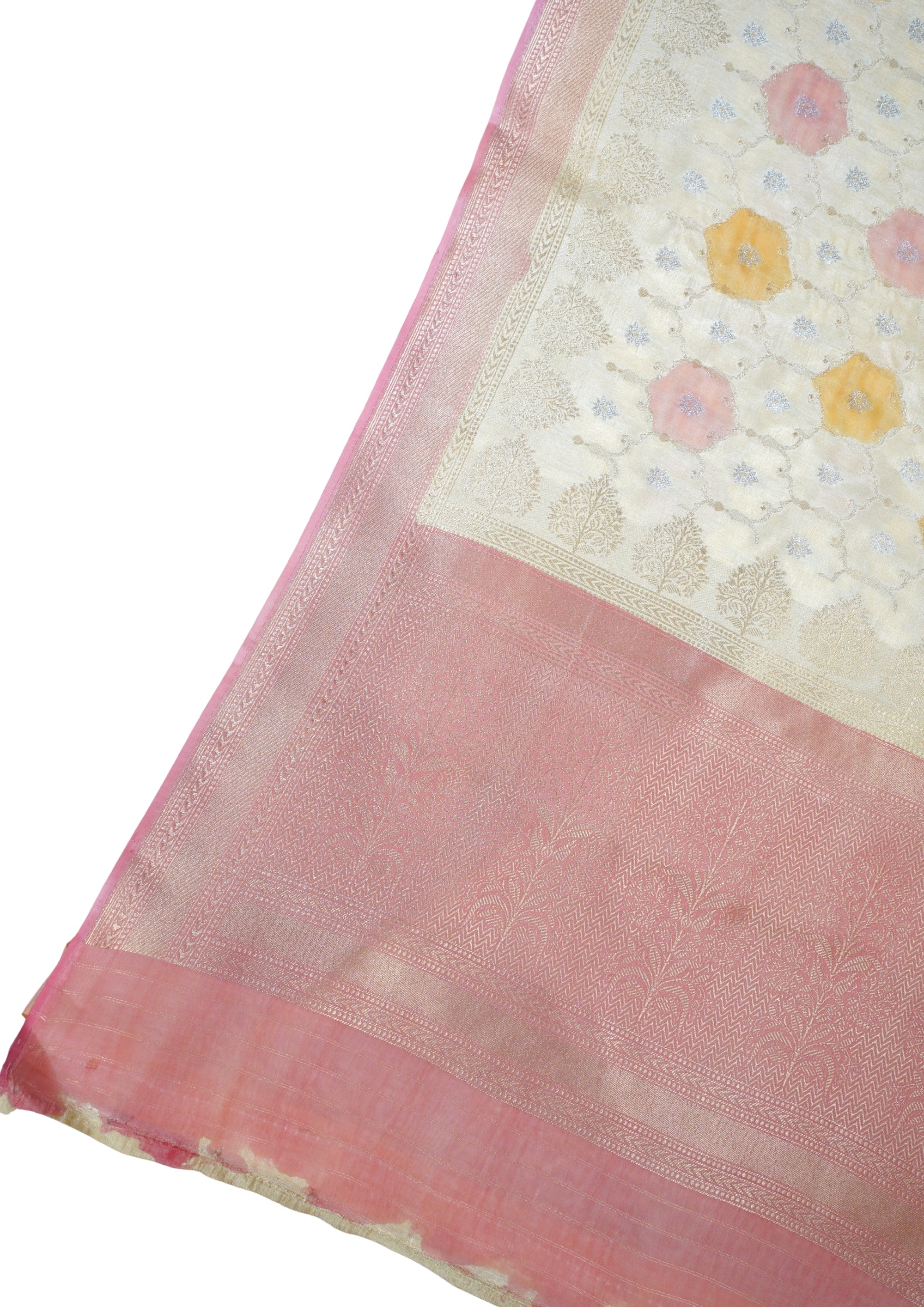 Yellow Georgette Weaving Saree with Pink and Orange Floral Patterns