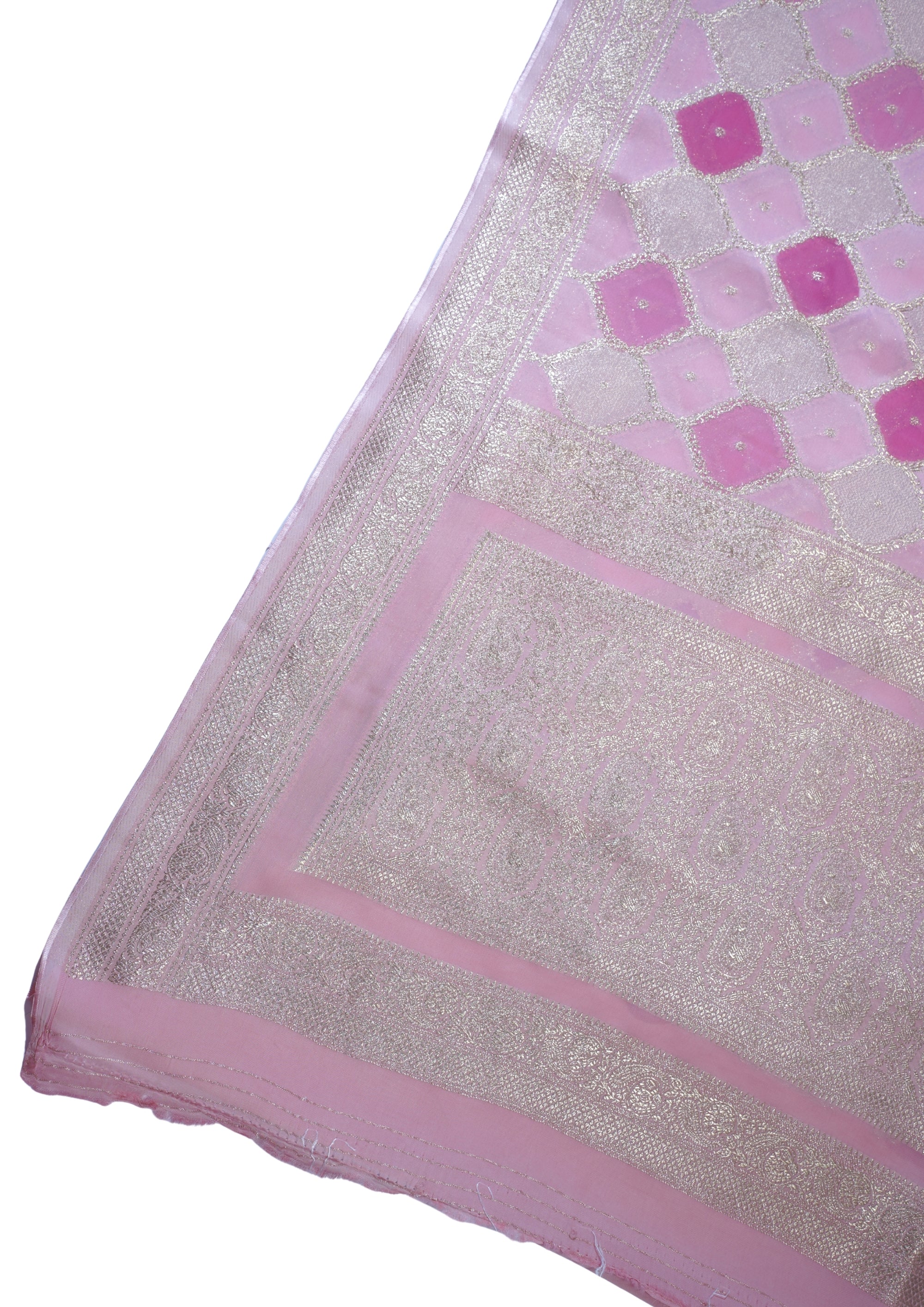 Pink Kora Satin Rangkat Saree with Gold Embroidery