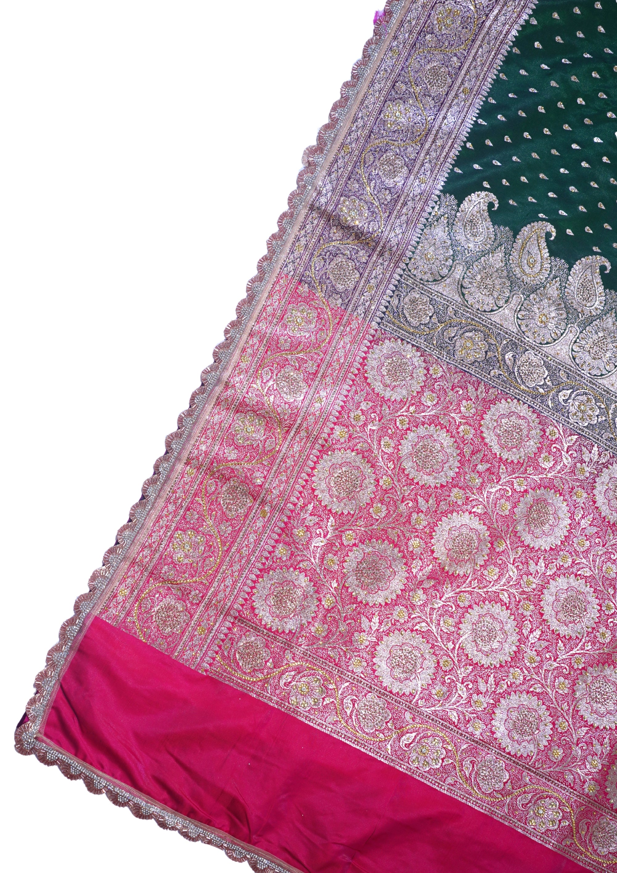 Green Saree with Red Pallu and Pink Blouse