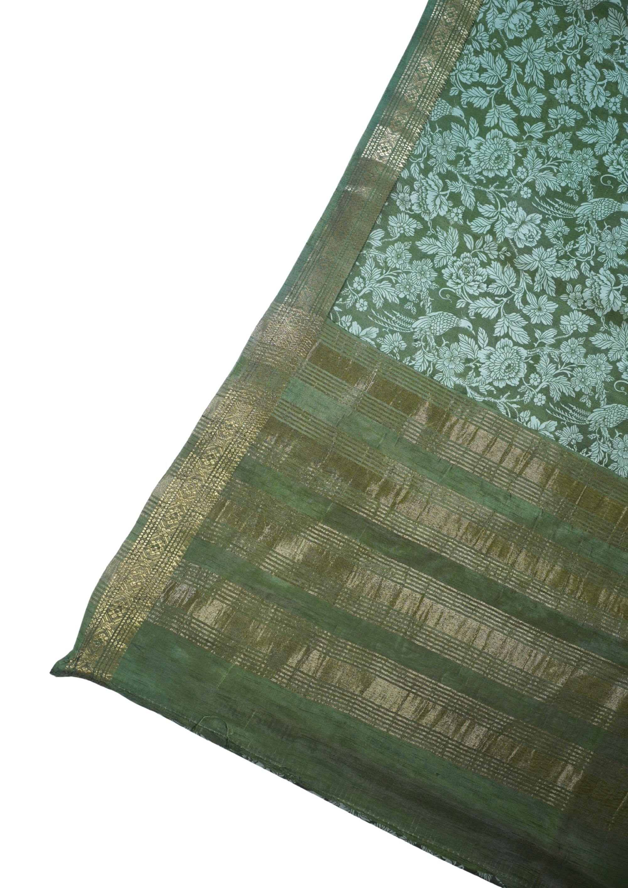 Olive Green Muga silk Kalamkari Print Fancy Saree