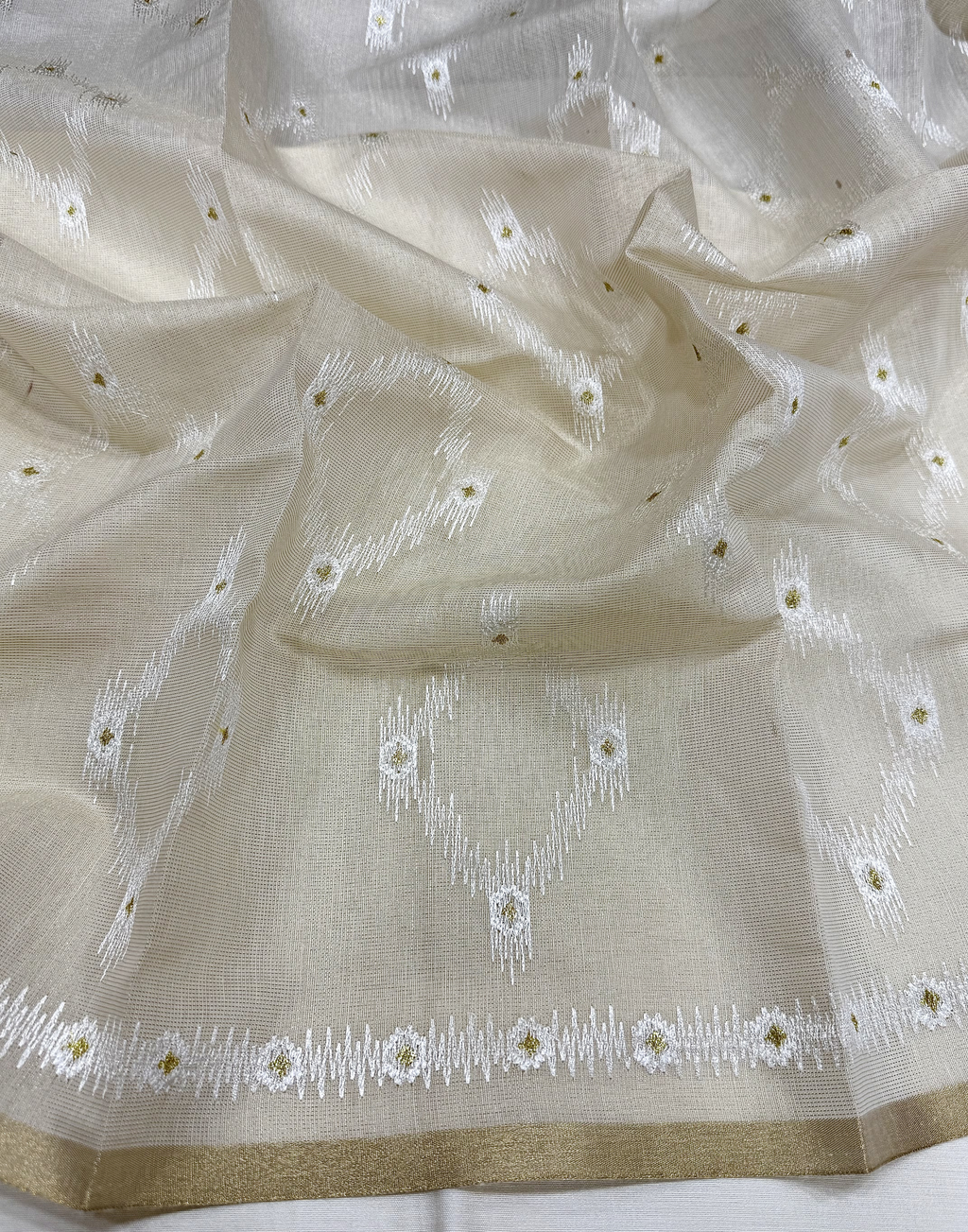Off White Linen Tissue Unstitched Suit with Ikat-Inspired Embroidery
