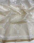 Off White Linen Tissue Unstitched Suit with Ikat-Inspired Embroidery