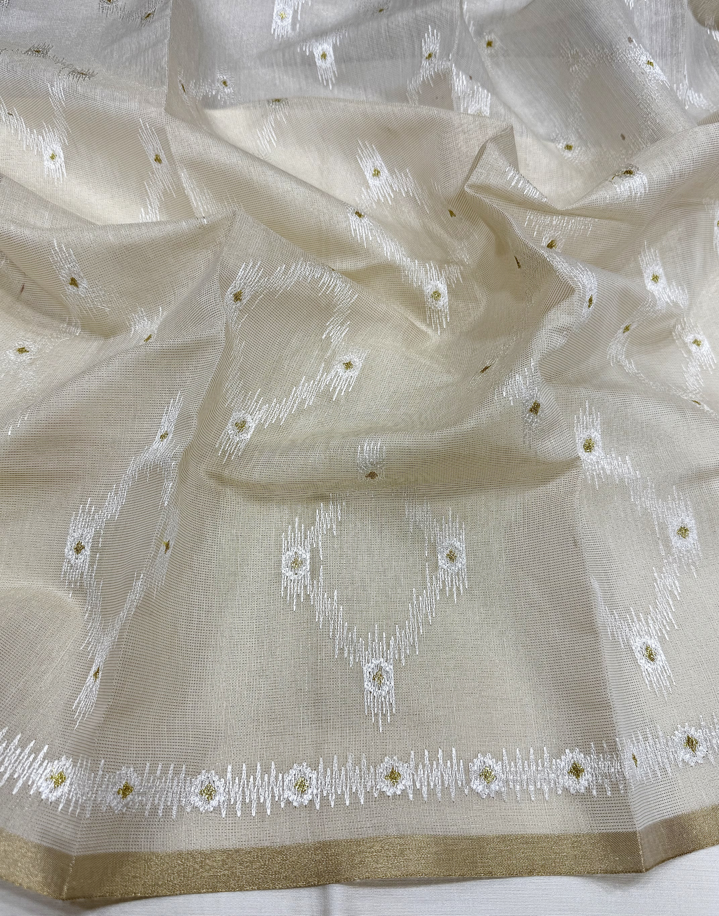 Off White Linen Tissue Unstitched Suit with Ikat-Inspired Embroidery
