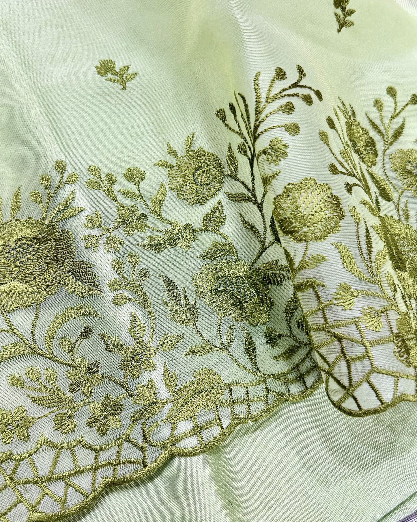 Pastel Mint Green Organza Unstitched Suit with Floral Embroidery