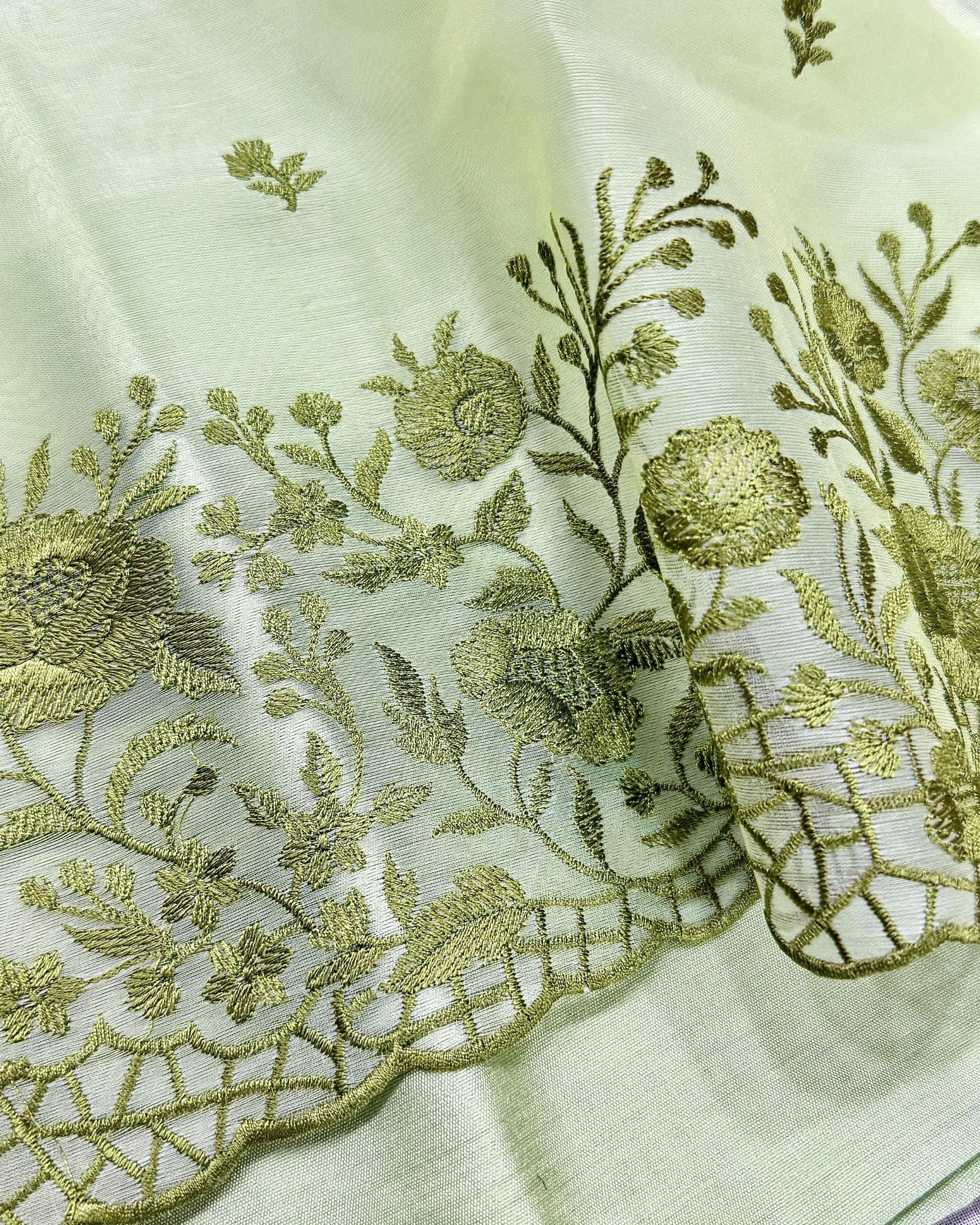 Pastel Mint Green Organza Unstitched Suit with Floral Embroidery