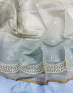 Dual Tone Blue Linen Tissue Unstitched Suit with Embroidery