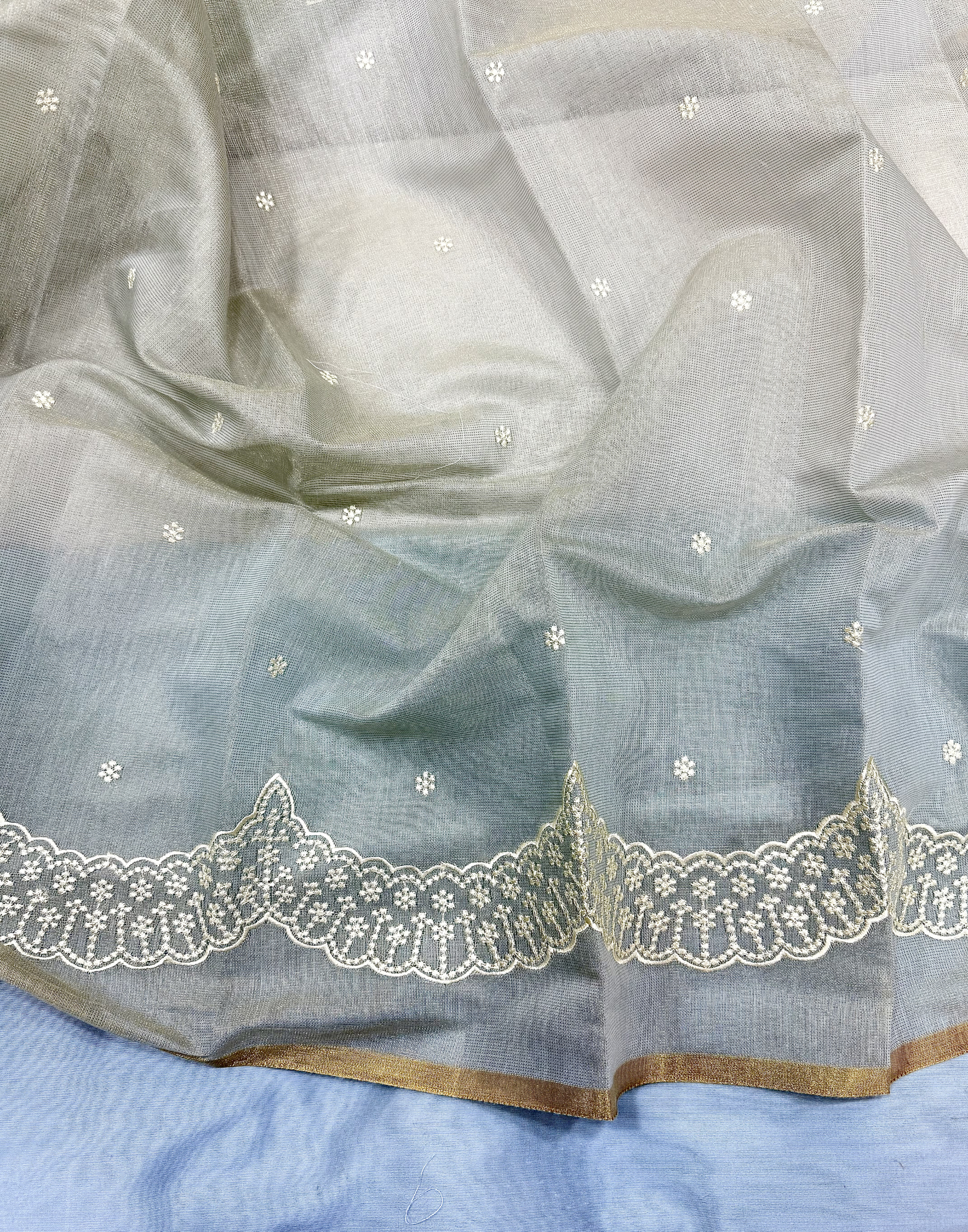 Dual Tone Blue Linen Tissue Unstitched Suit with Embroidery