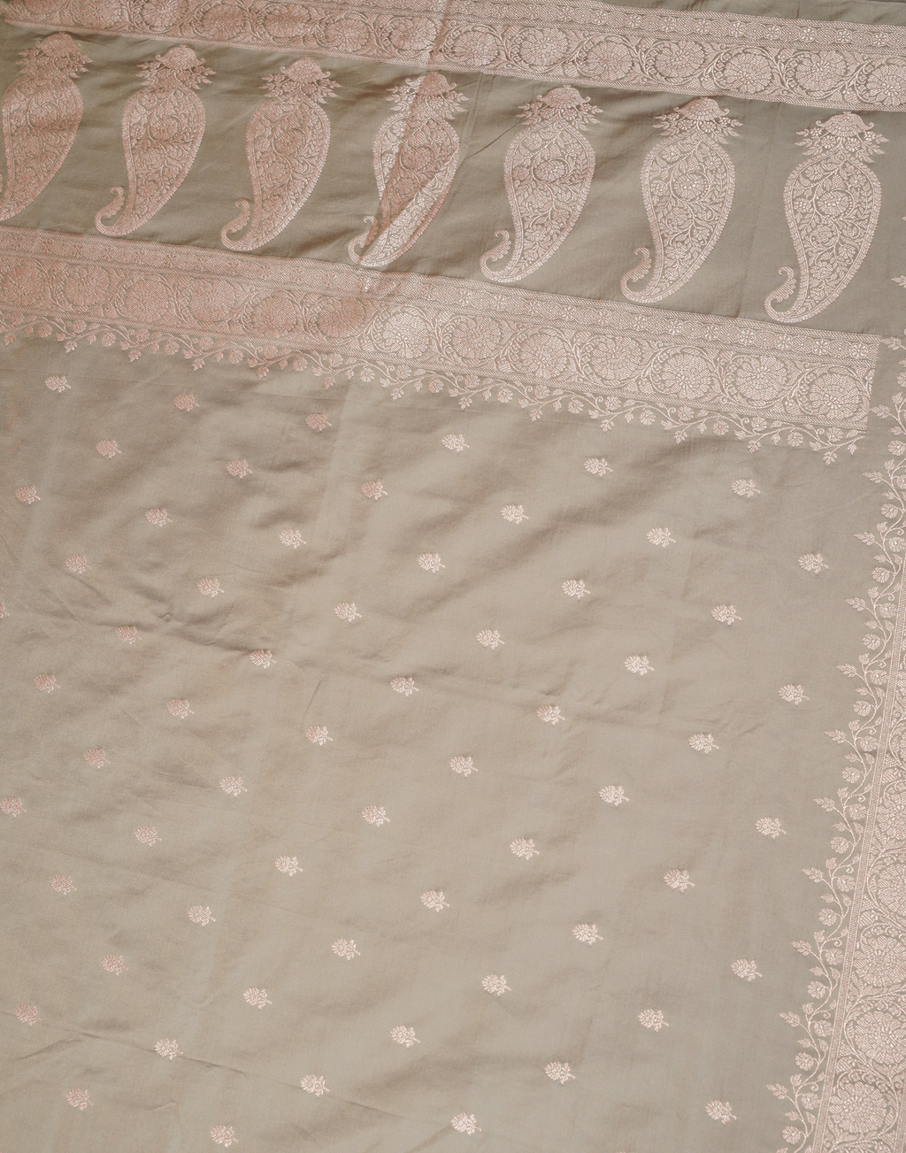 Ash Grey Banarasi Mushroo Silk Saree with Floral Weaving & Zari Border