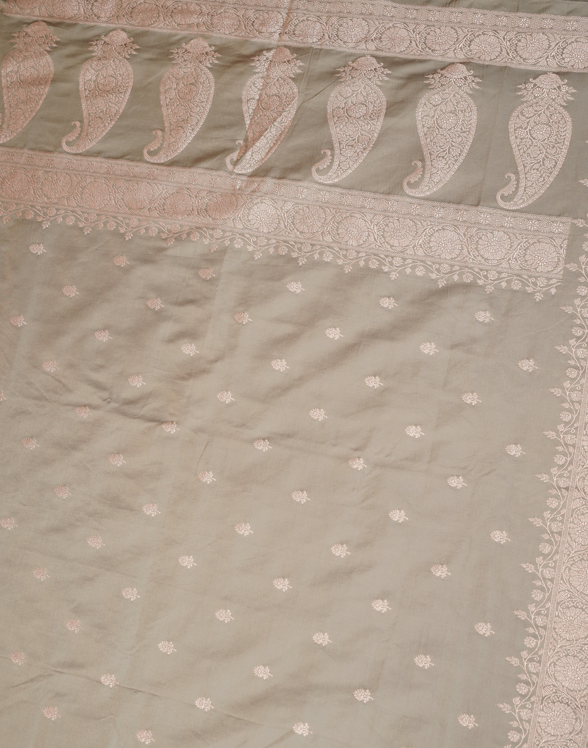 Ash Grey Banarasi Mushroo Silk Saree with Floral Weaving & Zari Border