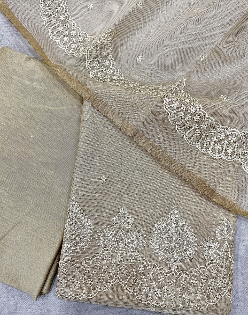 Off White Linen Tissue Unstitched Suit with Thread Embroidery