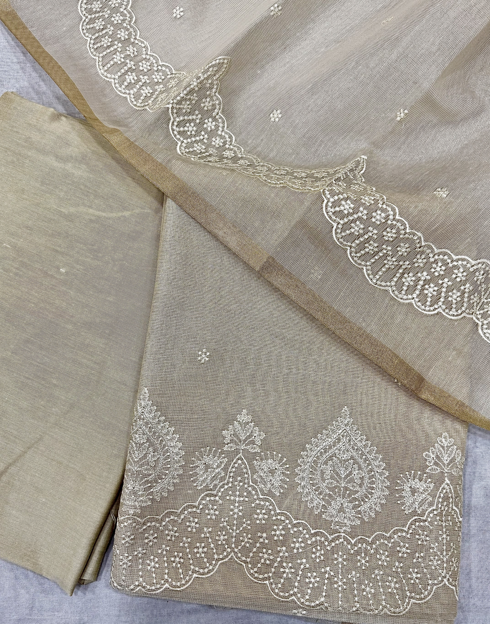 Off White Linen Tissue Unstitched Suit with Thread Embroidery