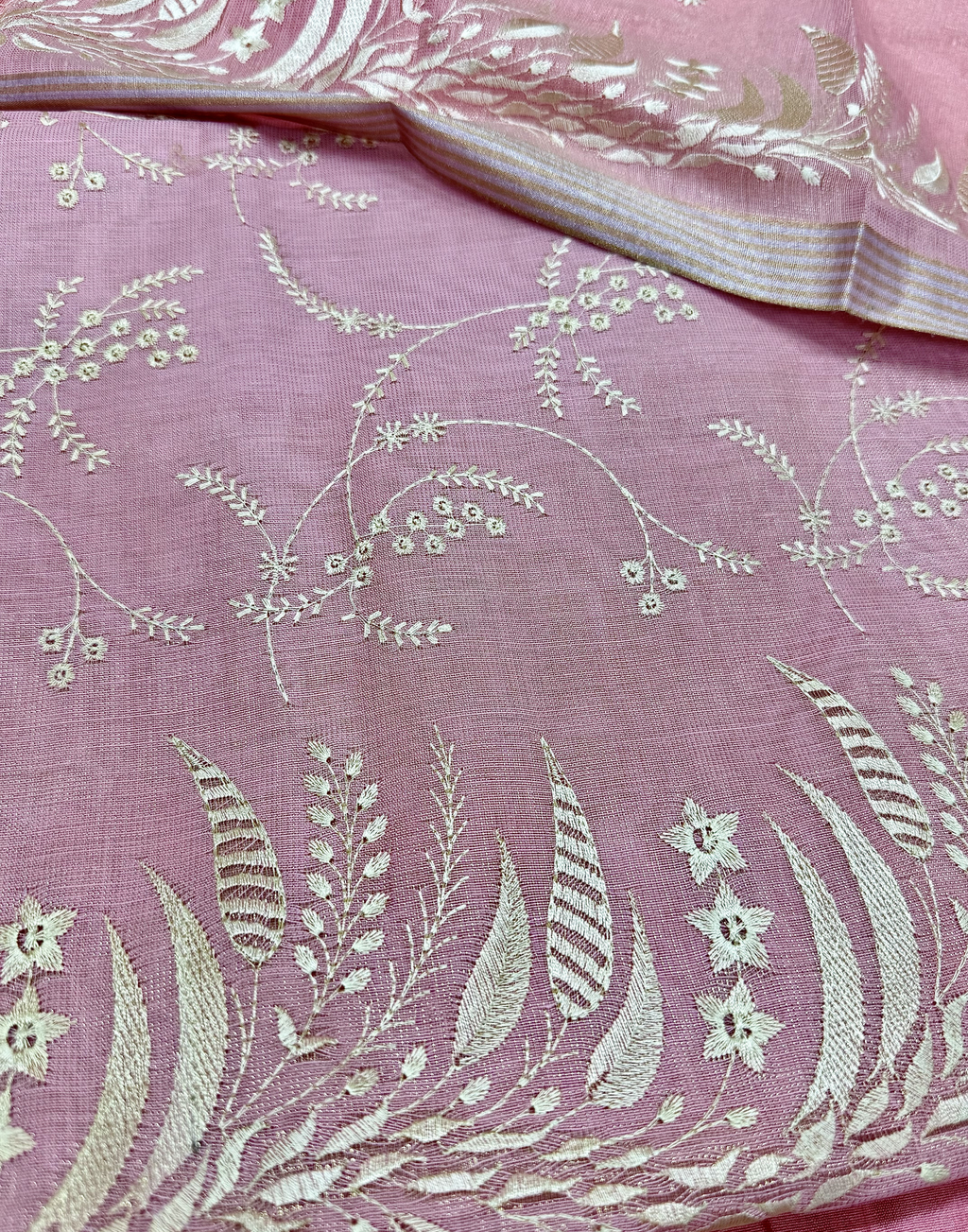 Baby Pink Linen Tissue Unstitched Suit with Floral Embroidery