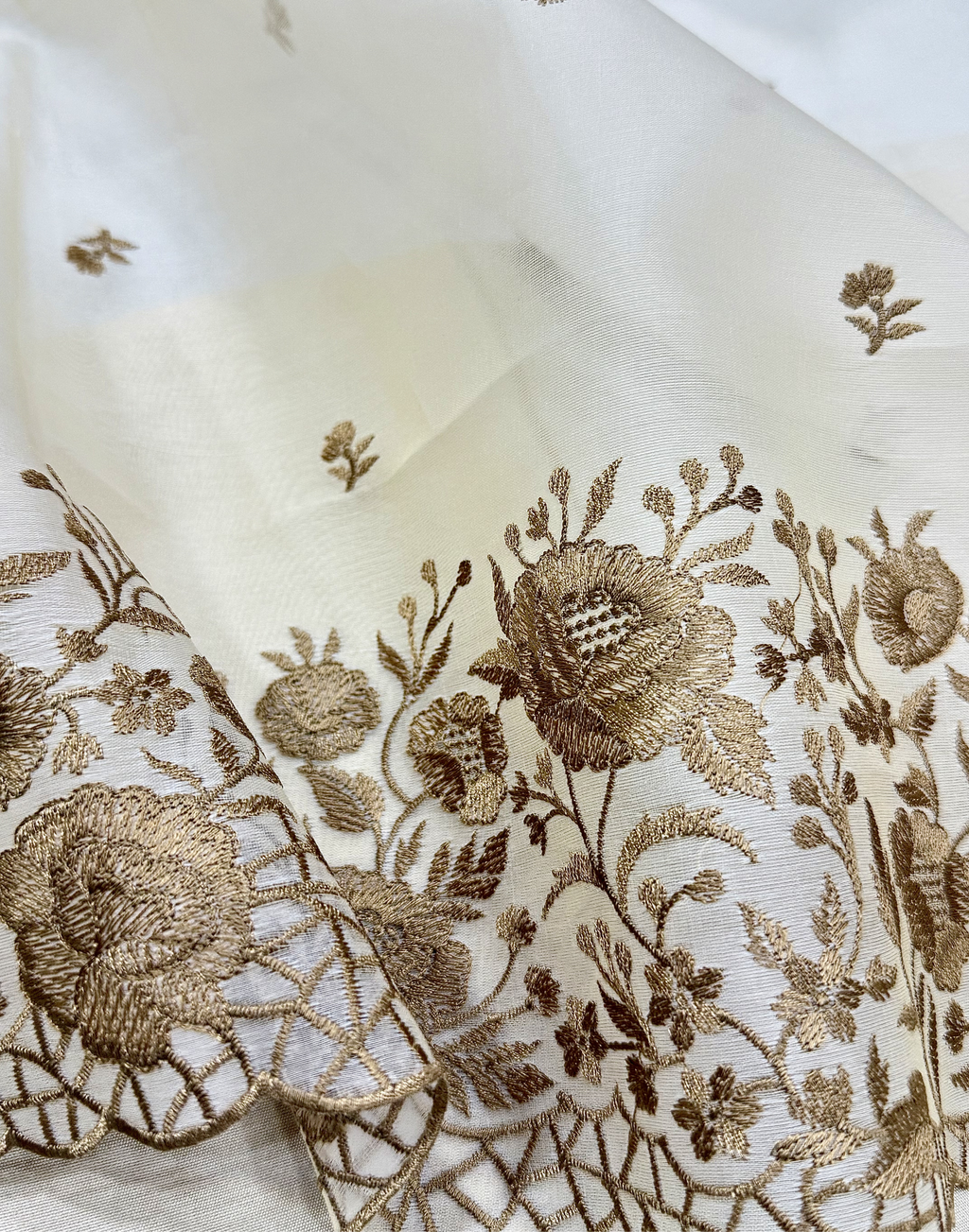Ivory Cream Organza Unstitched Suit with Antique Gold Floral Embroidery