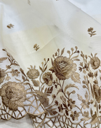 Ivory Cream Organza Unstitched Suit with Antique Gold Floral Embroidery