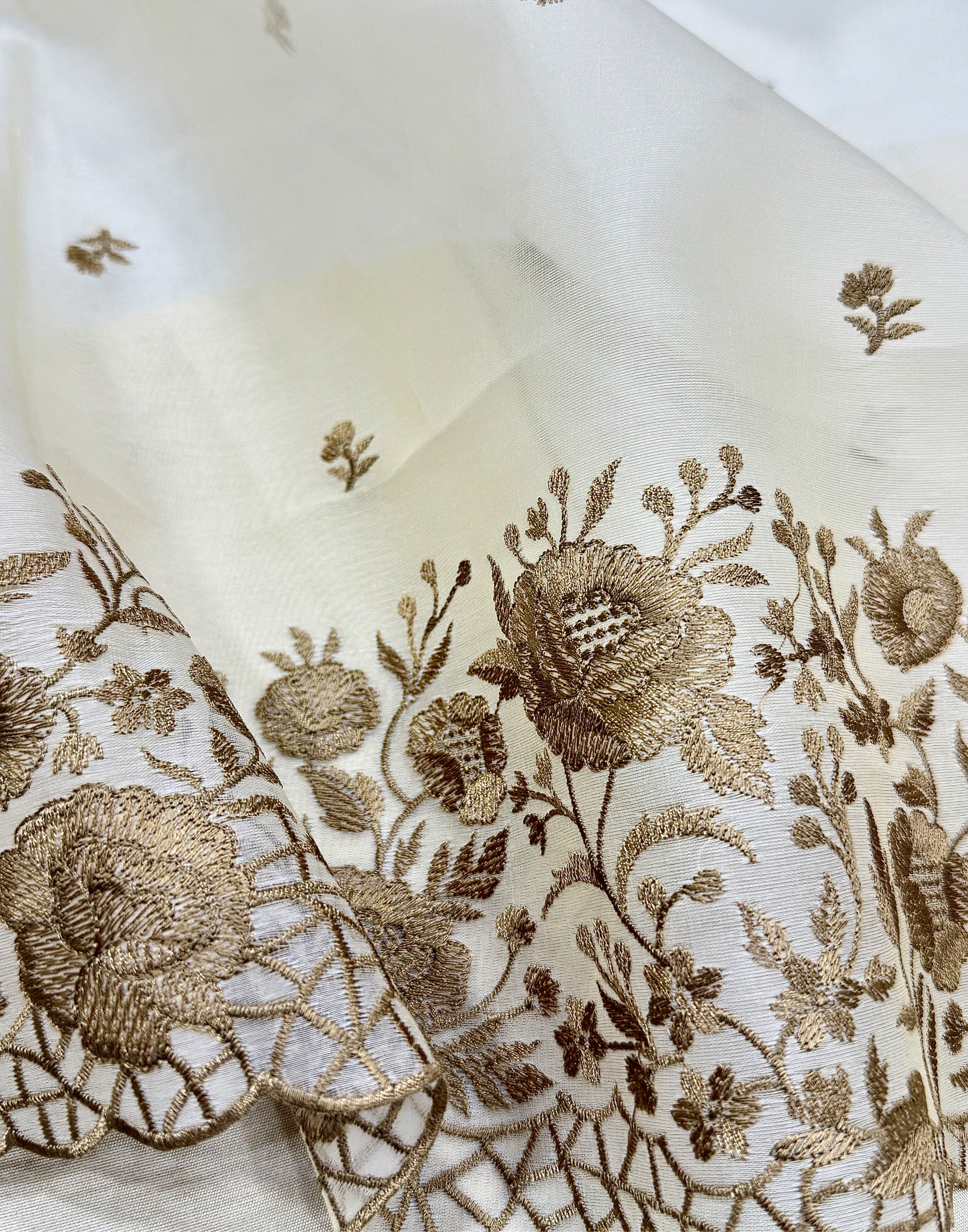 Ivory Cream Organza Unstitched Suit with Antique Gold Floral Embroidery