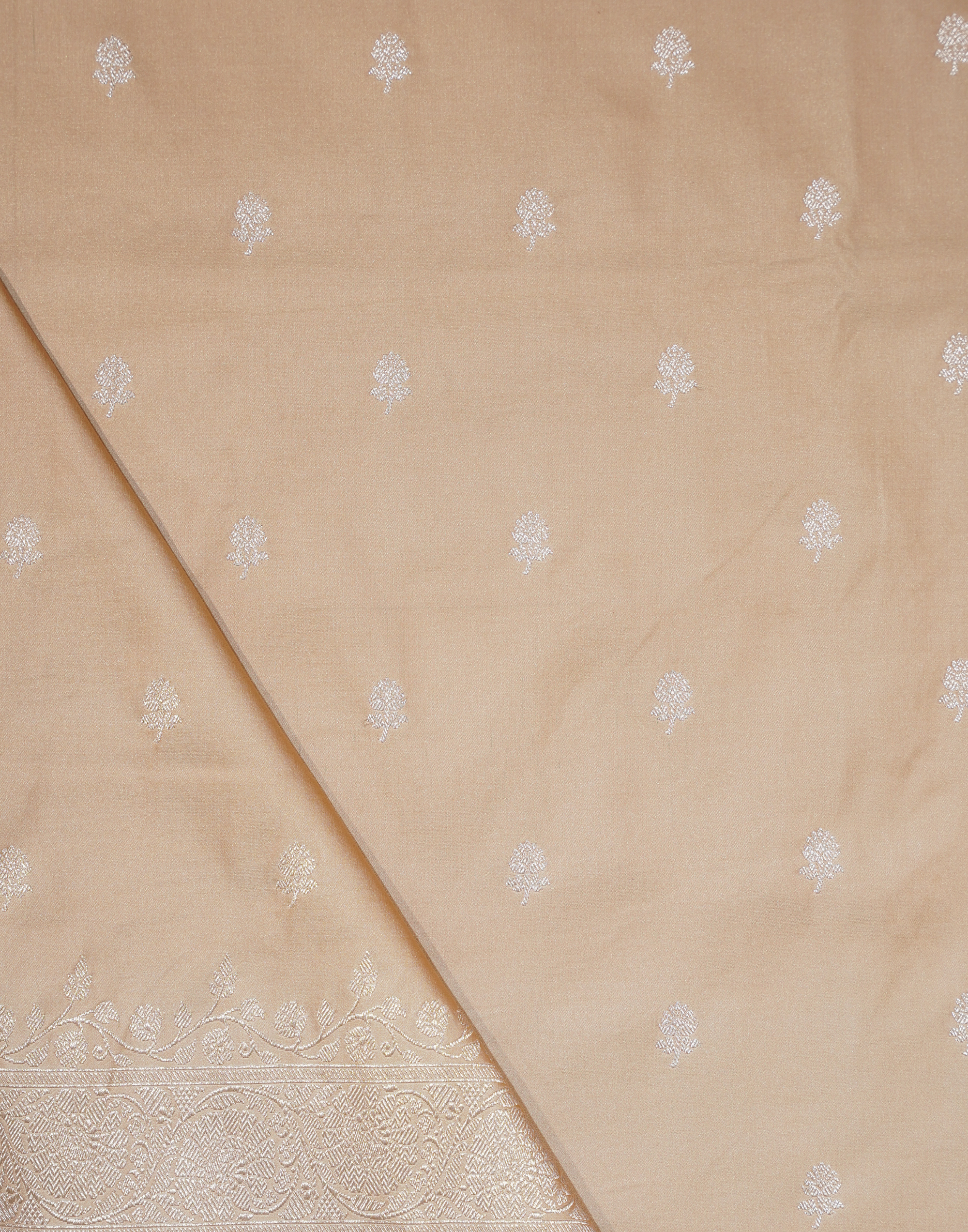 Pastel Peach Banarasi Mushroo Silk Saree with Floral Weaving & Zari Border