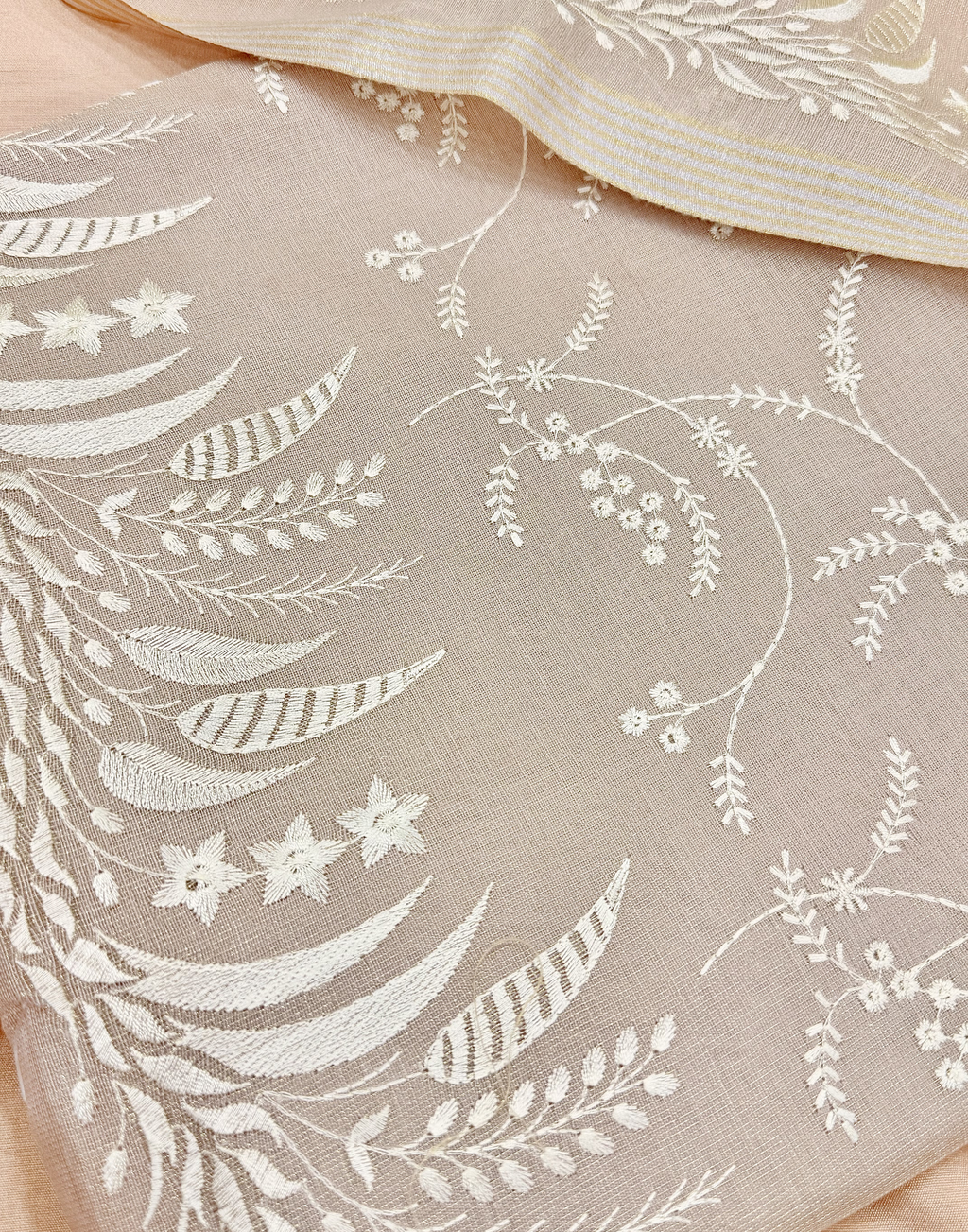 Taupe Linen Tissue Unstitched Suit with Floral Embroidery