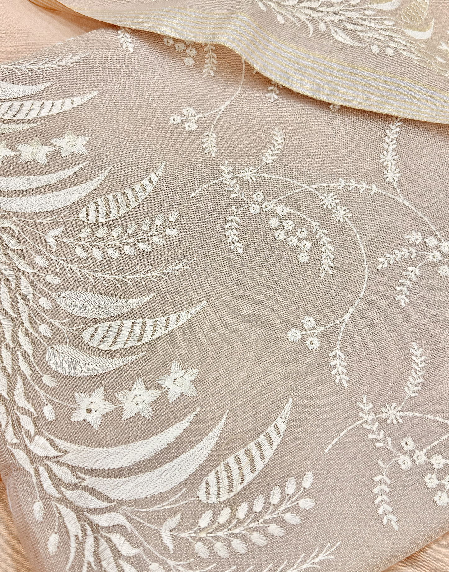 Taupe Linen Tissue Unstitched Suit with Floral Embroidery