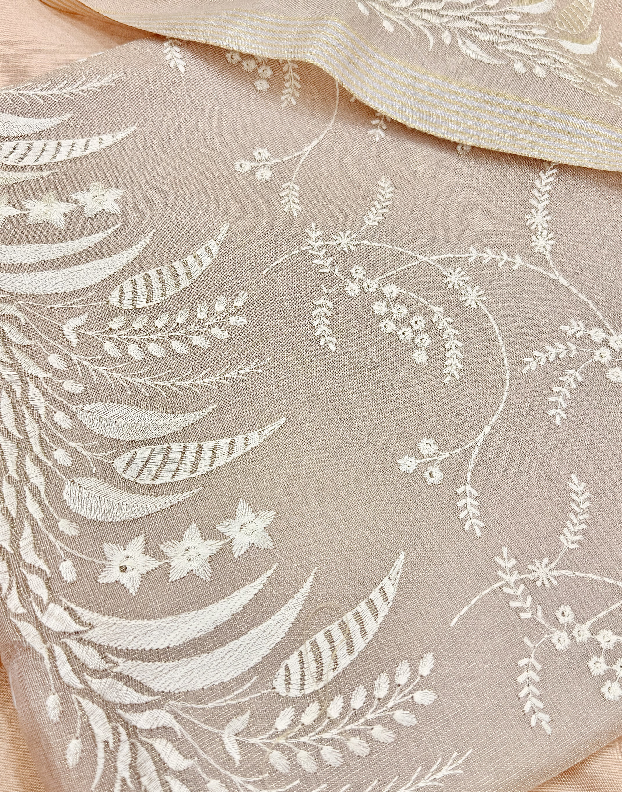 Taupe Linen Tissue Unstitched Suit with Floral Embroidery