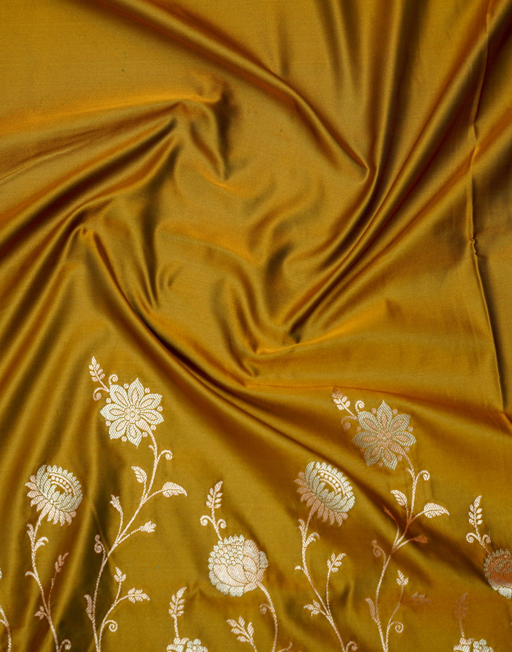 Mustard Gold Banarasi Mushroo Silk Saree with Floral Weaving & Zari Border