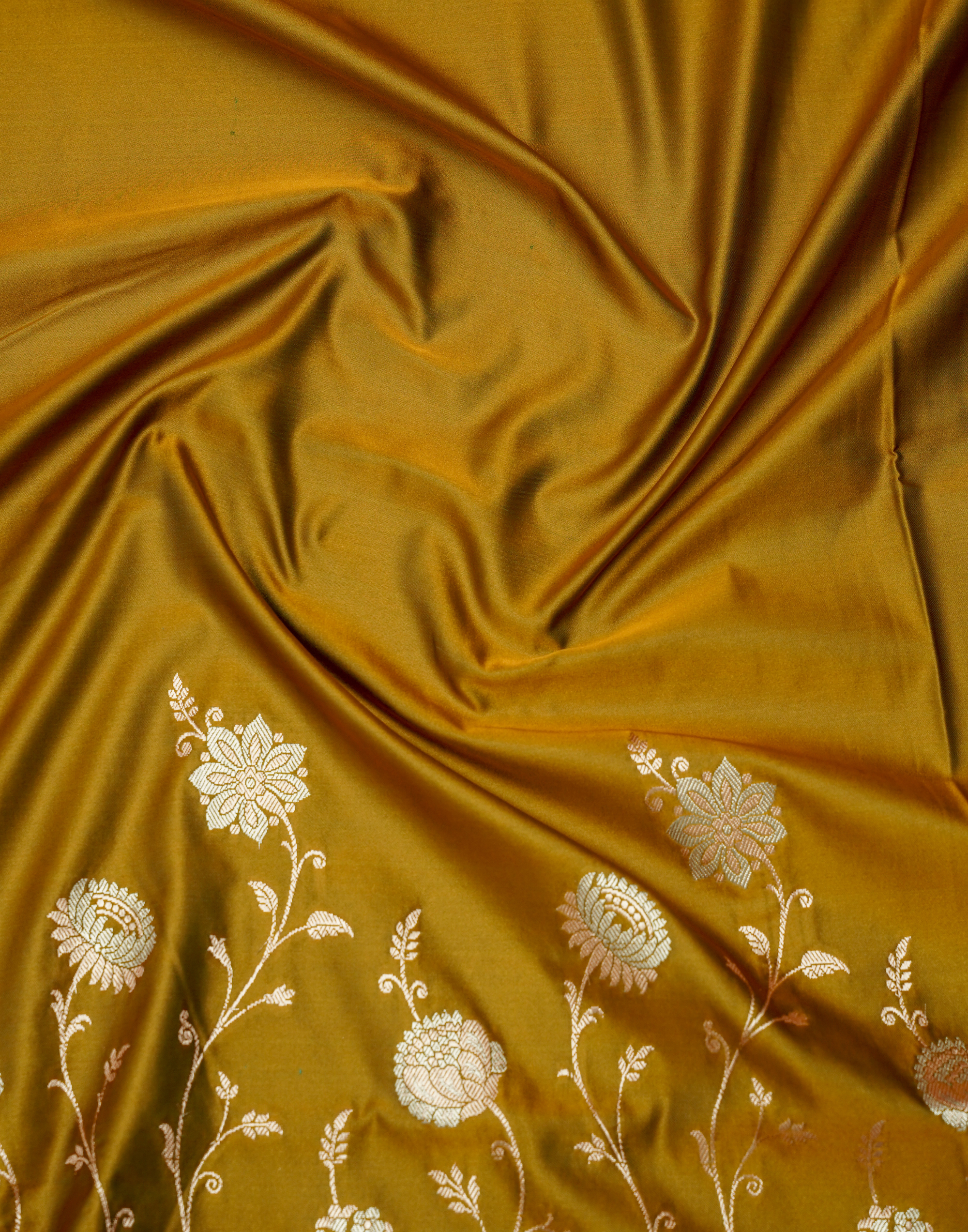 Mustard Gold Banarasi Mushroo Silk Saree with Floral Weaving & Zari Border
