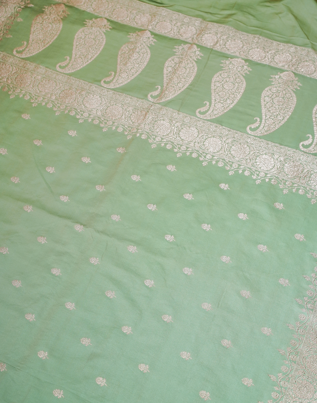 Sage Green Banarasi Mushroo Silk Saree with Floral Weaving & Zari Border