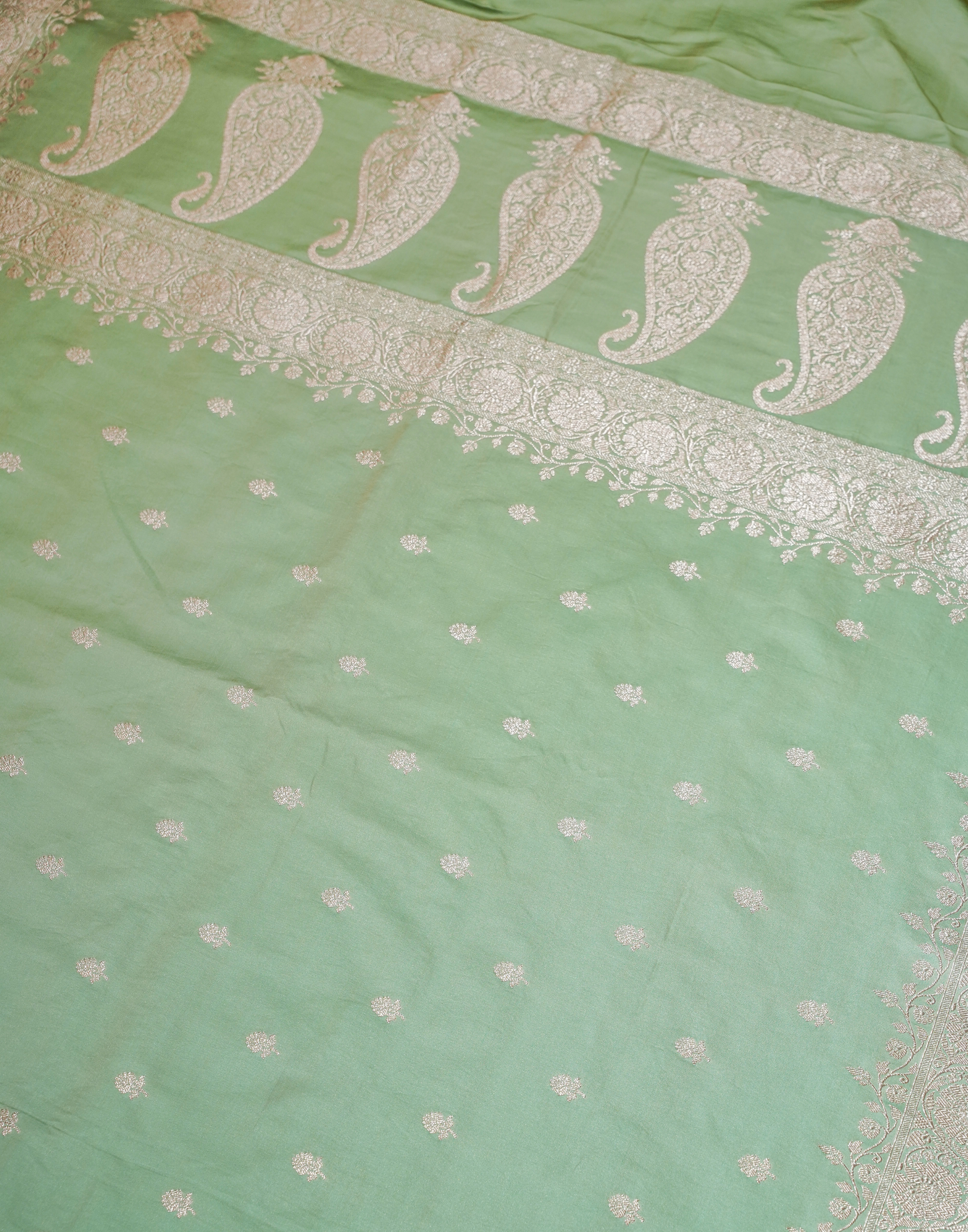 Sage Green Banarasi Mushroo Silk Saree with Floral Weaving & Zari Border