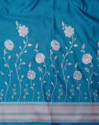Turquoise Blue Banarasi Mushroo Silk Saree with Floral Weaving & Zari Border
