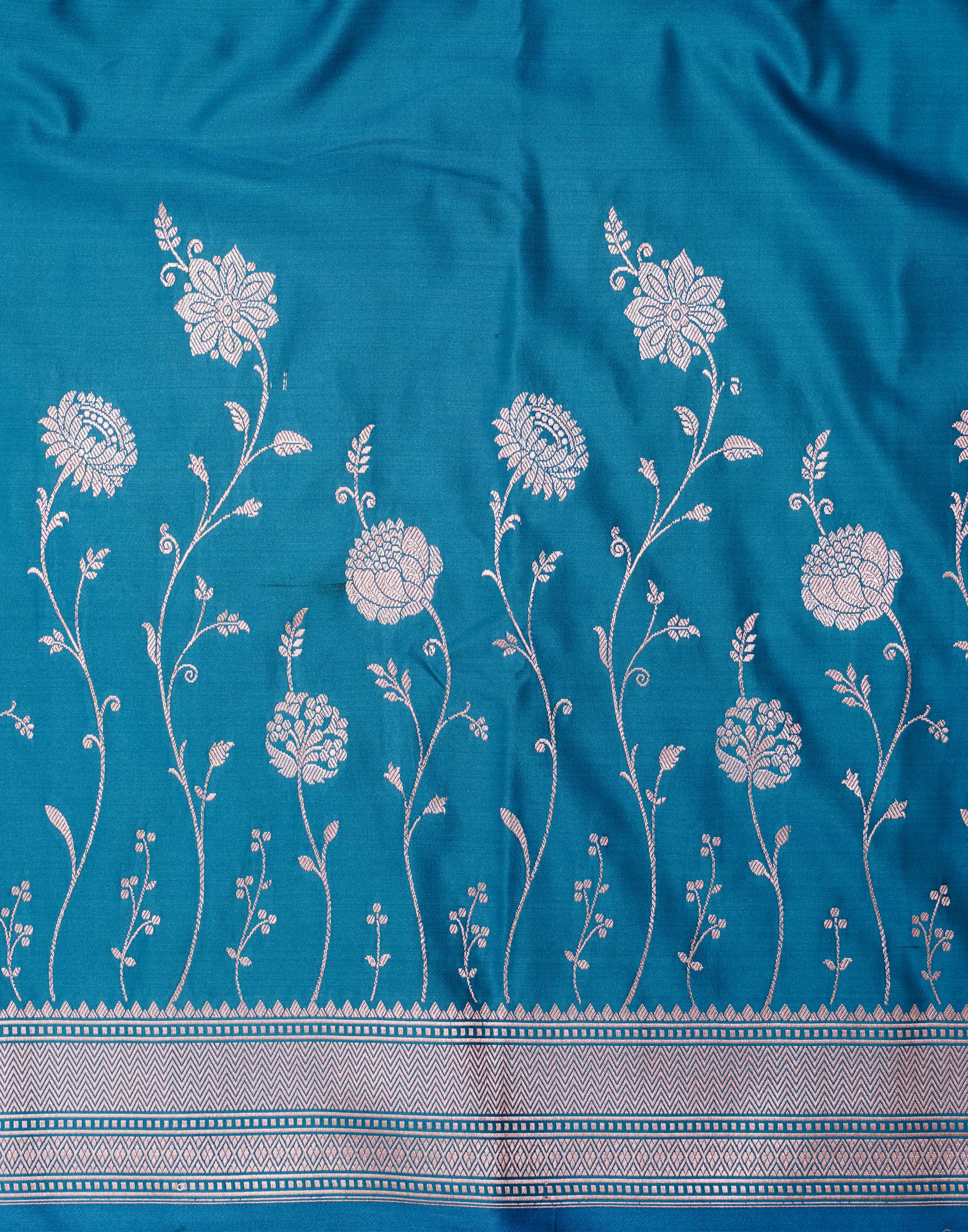 Turquoise Blue Banarasi Mushroo Silk Saree with Floral Weaving & Zari Border