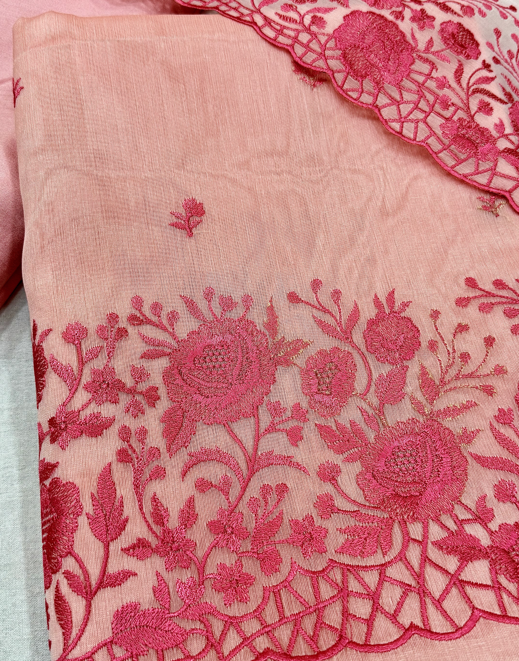 Blush Pink Organza Unstitched Suit with Dual Tone Floral Embroidery