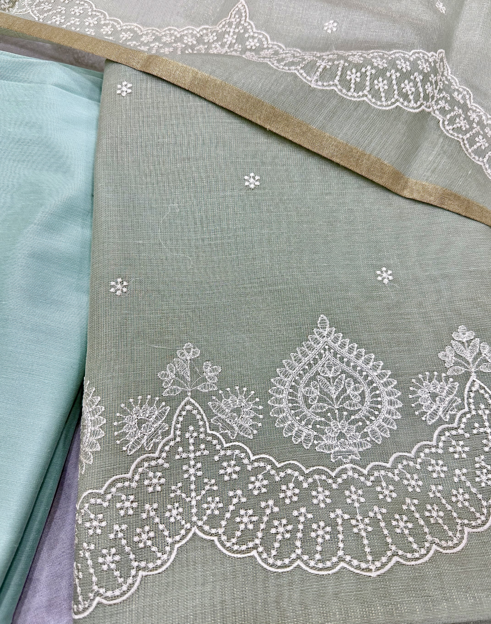Mint Green Linen Tissue Unstitched Suit with Thread Embroidery
