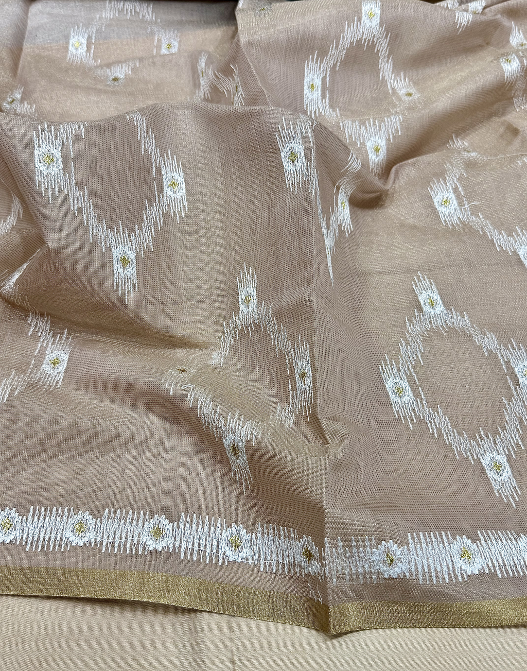 Beige Linen Tissue Unstitched Suit with Ikat-Inspired Embroidery
