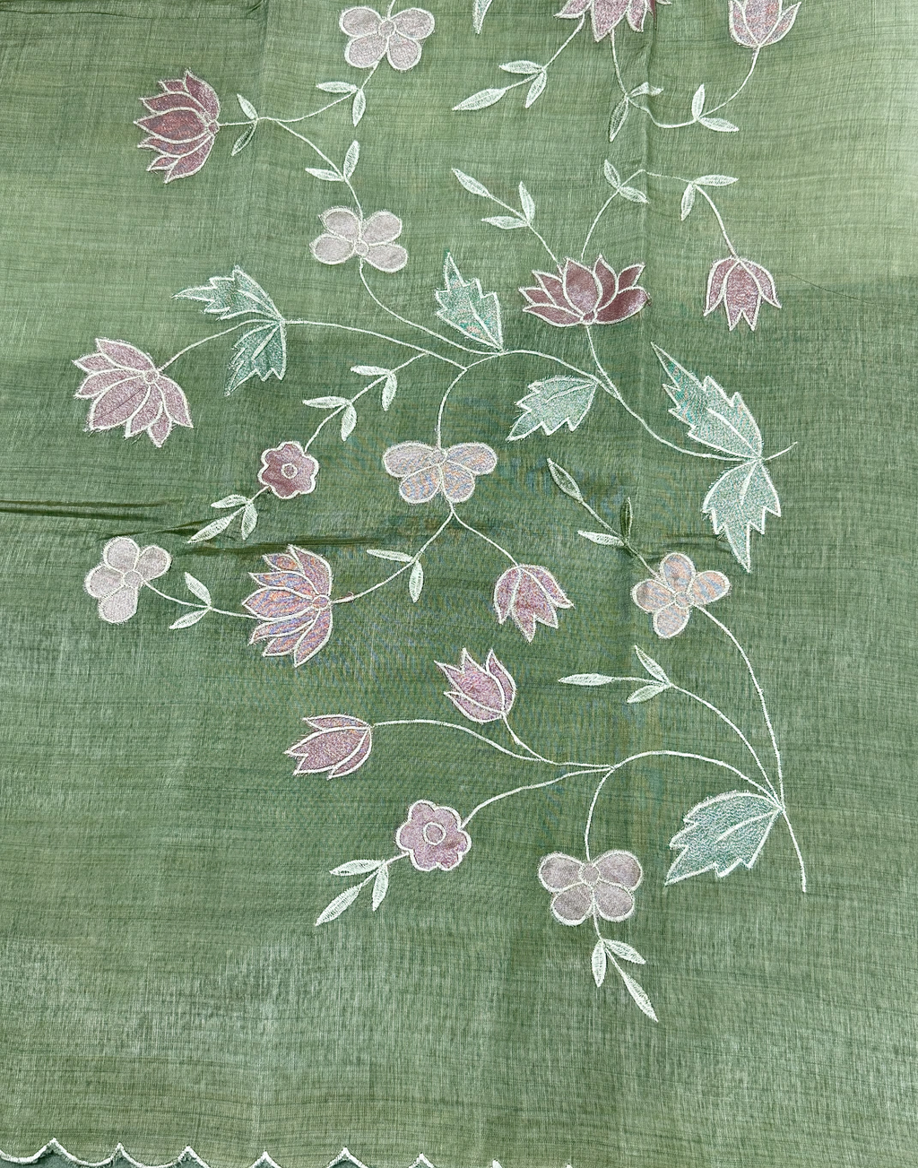 Sage Green Tussar Unstitched Suit with Appliqué Embroidery