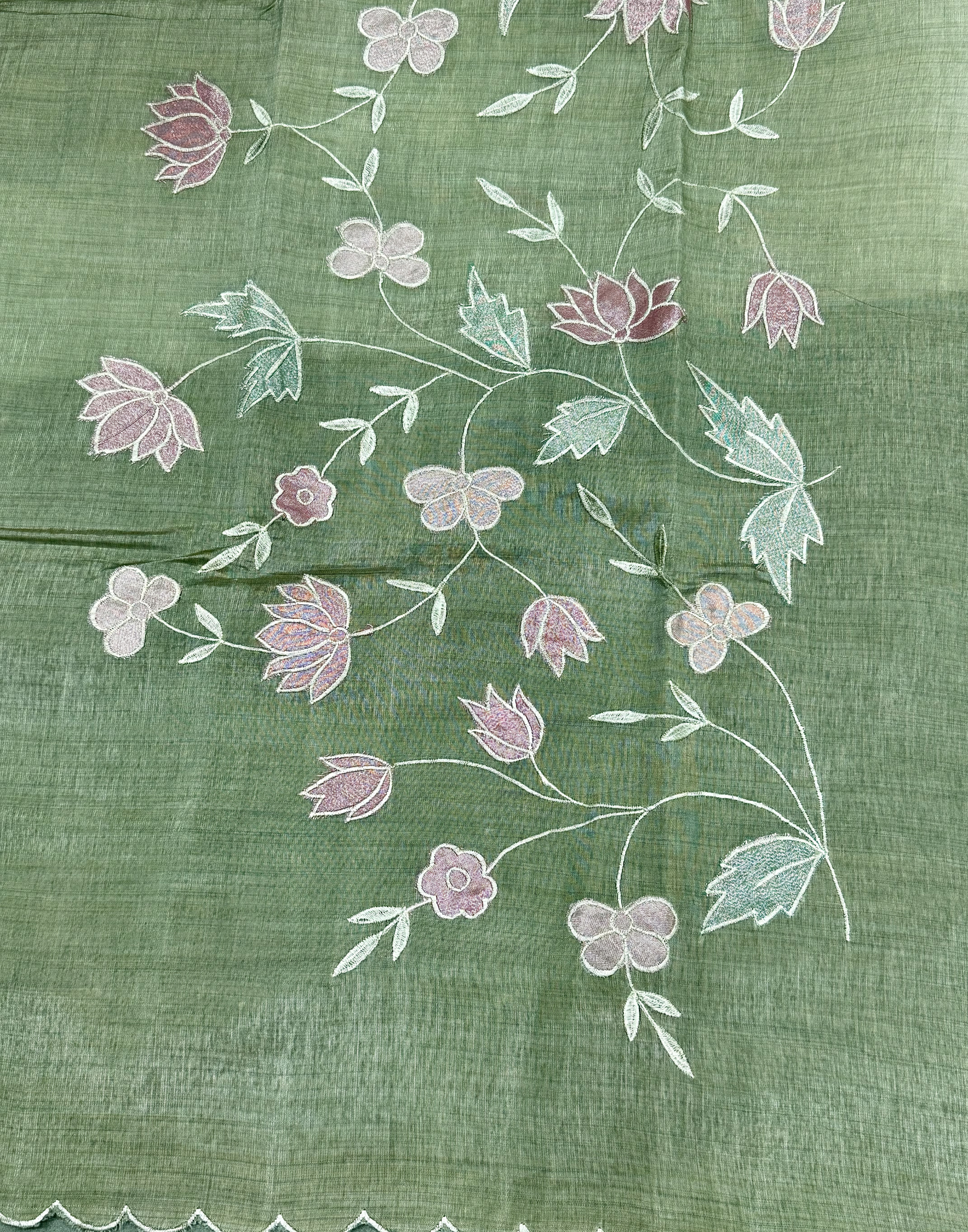 Sage Green Tussar Unstitched Suit with Appliqué Embroidery