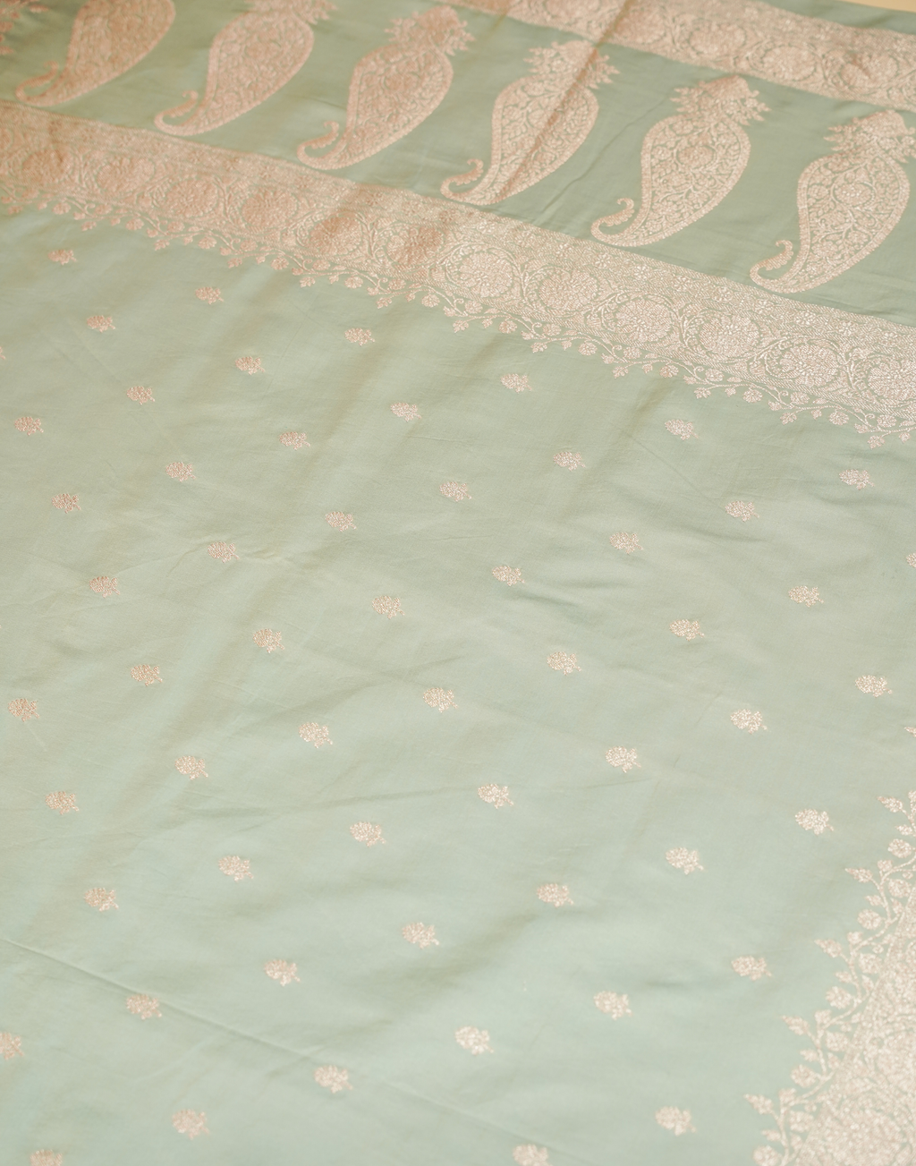 Pistachio Green Banarasi Mushroo Silk Saree with Floral Weaving & Zari Border
