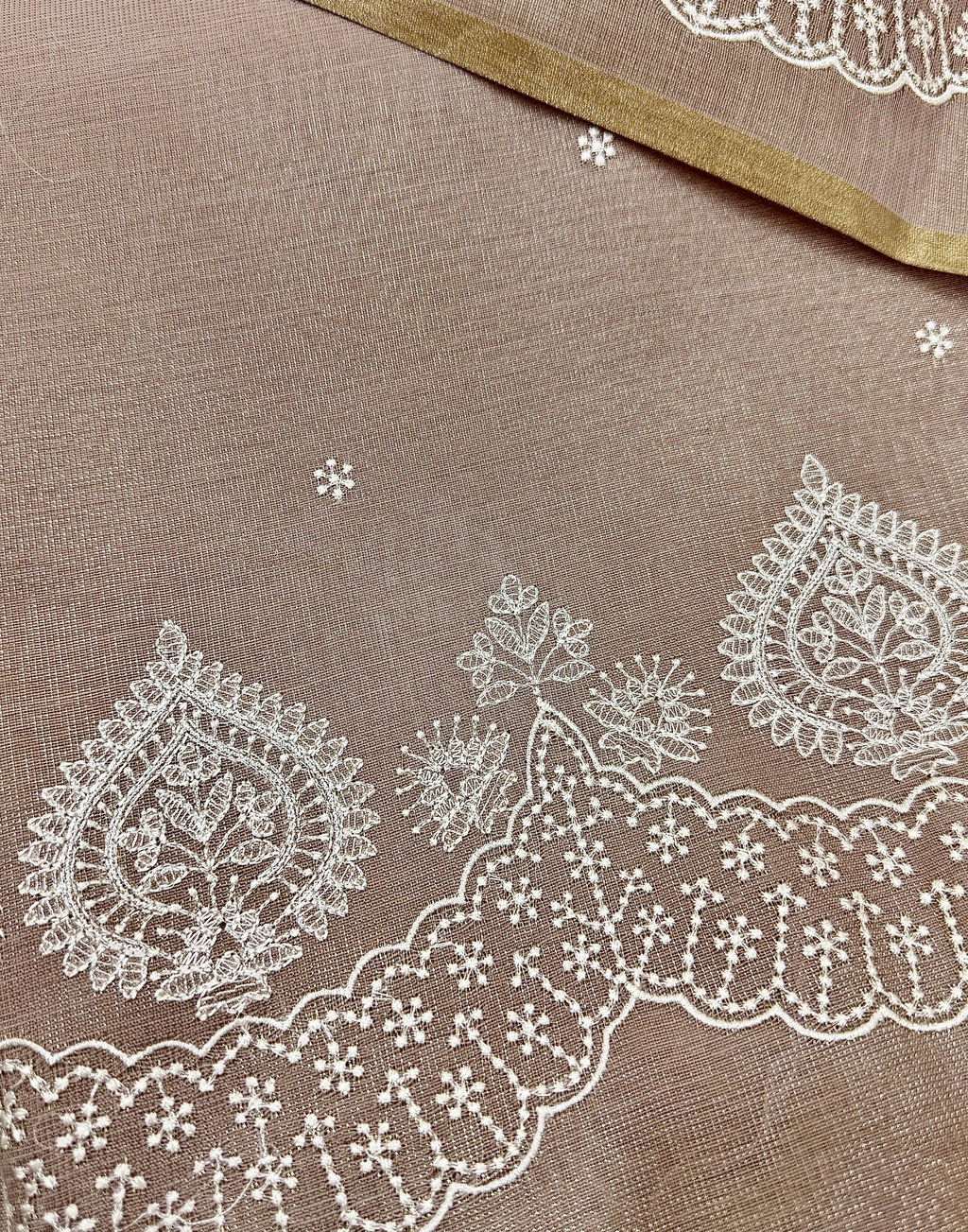 Beige Linen Tissue Unstitched Suit with Thread Embroidery