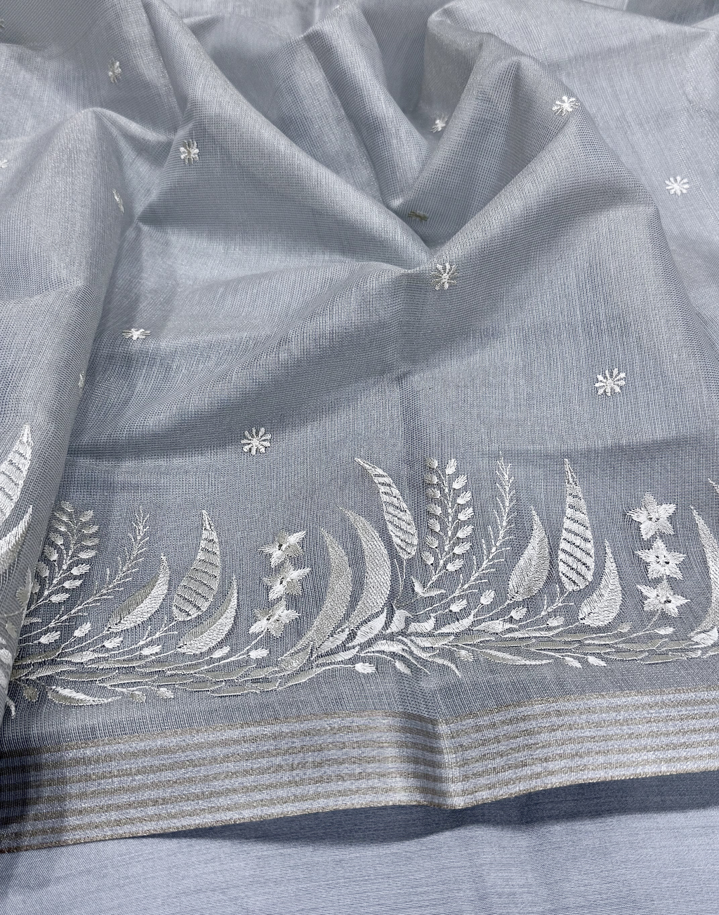 Grey Linen Tissue Unstitched Suit with Floral Embroidery