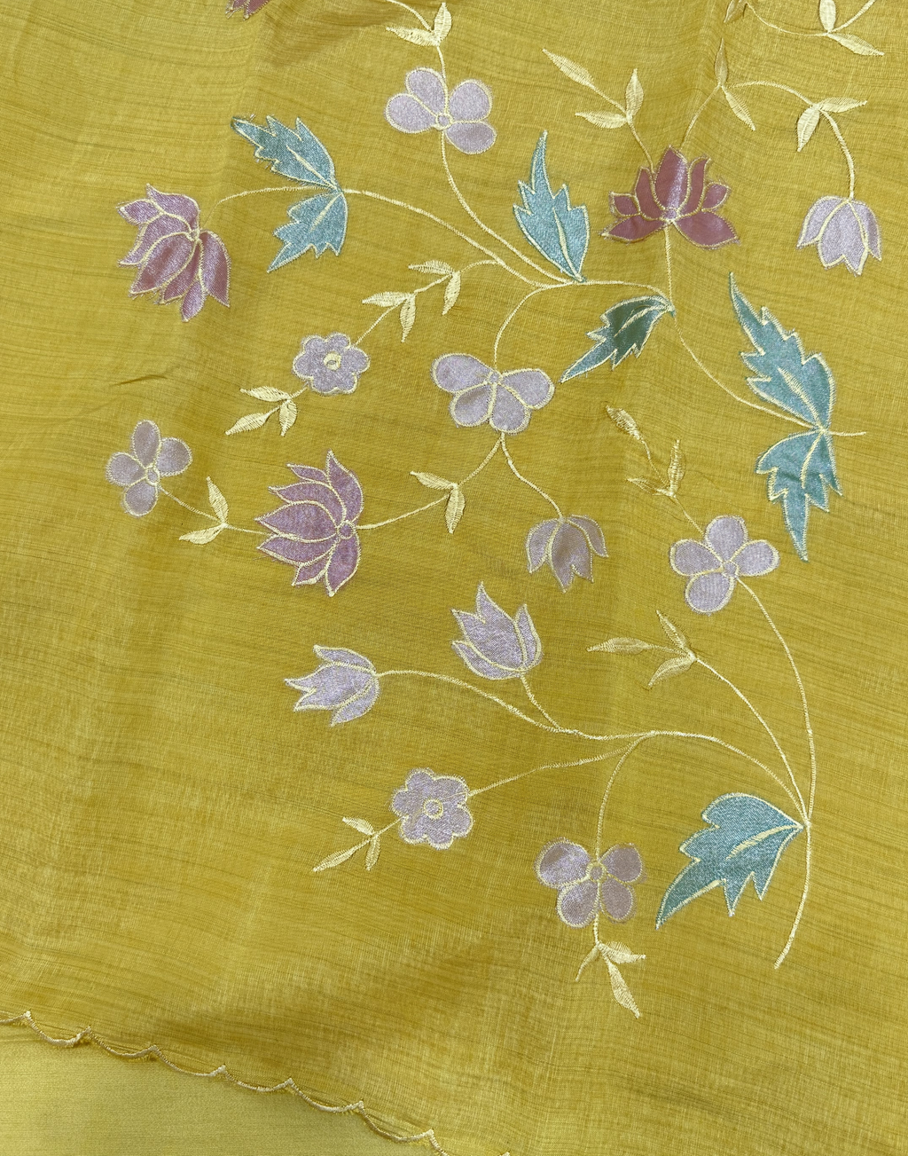 Mustard Yellow Tussar Unstitched Suit with Appliqué Embroidery