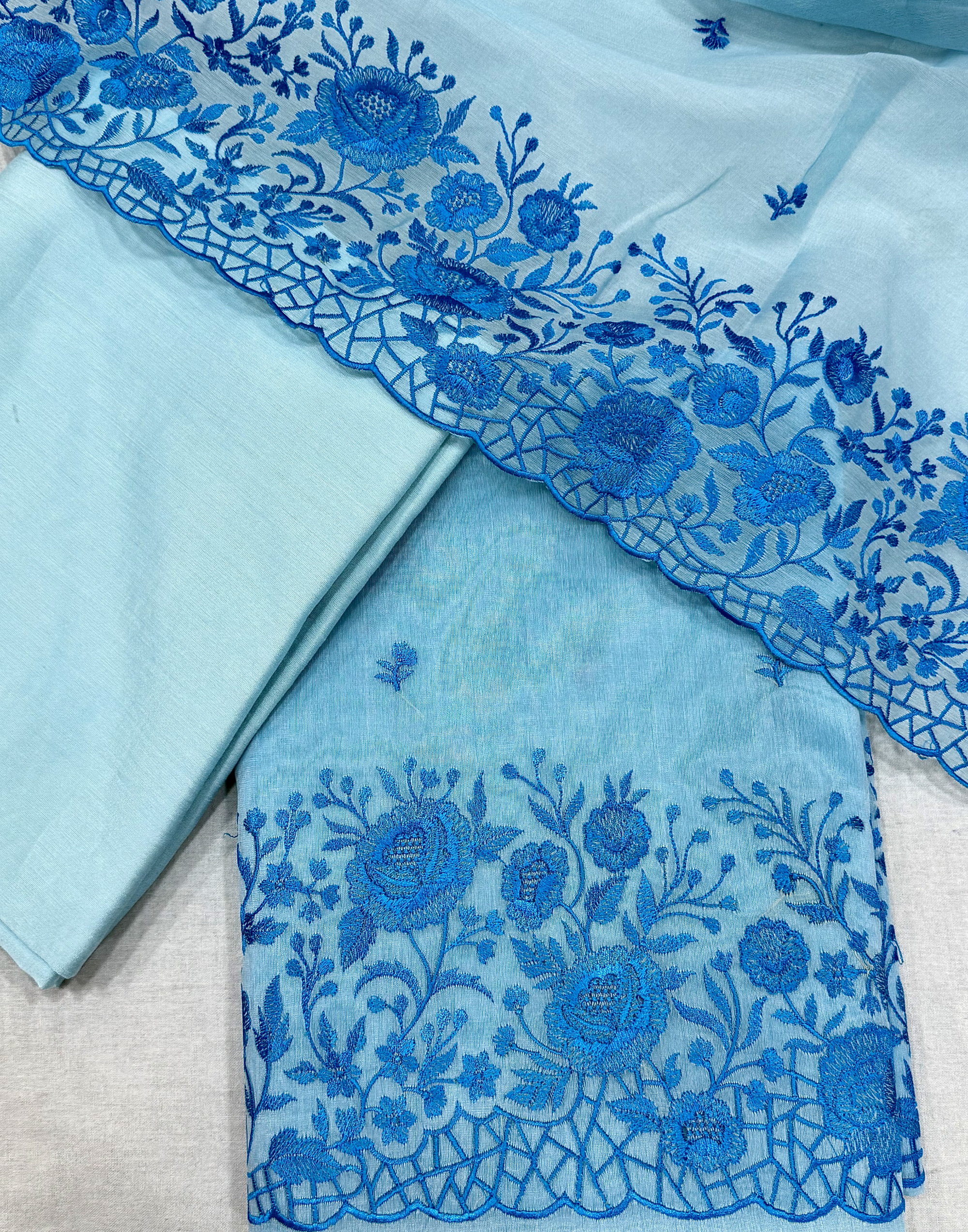 Sky Blue Organza Unstitched Suit with Tonal Floral Embroidery